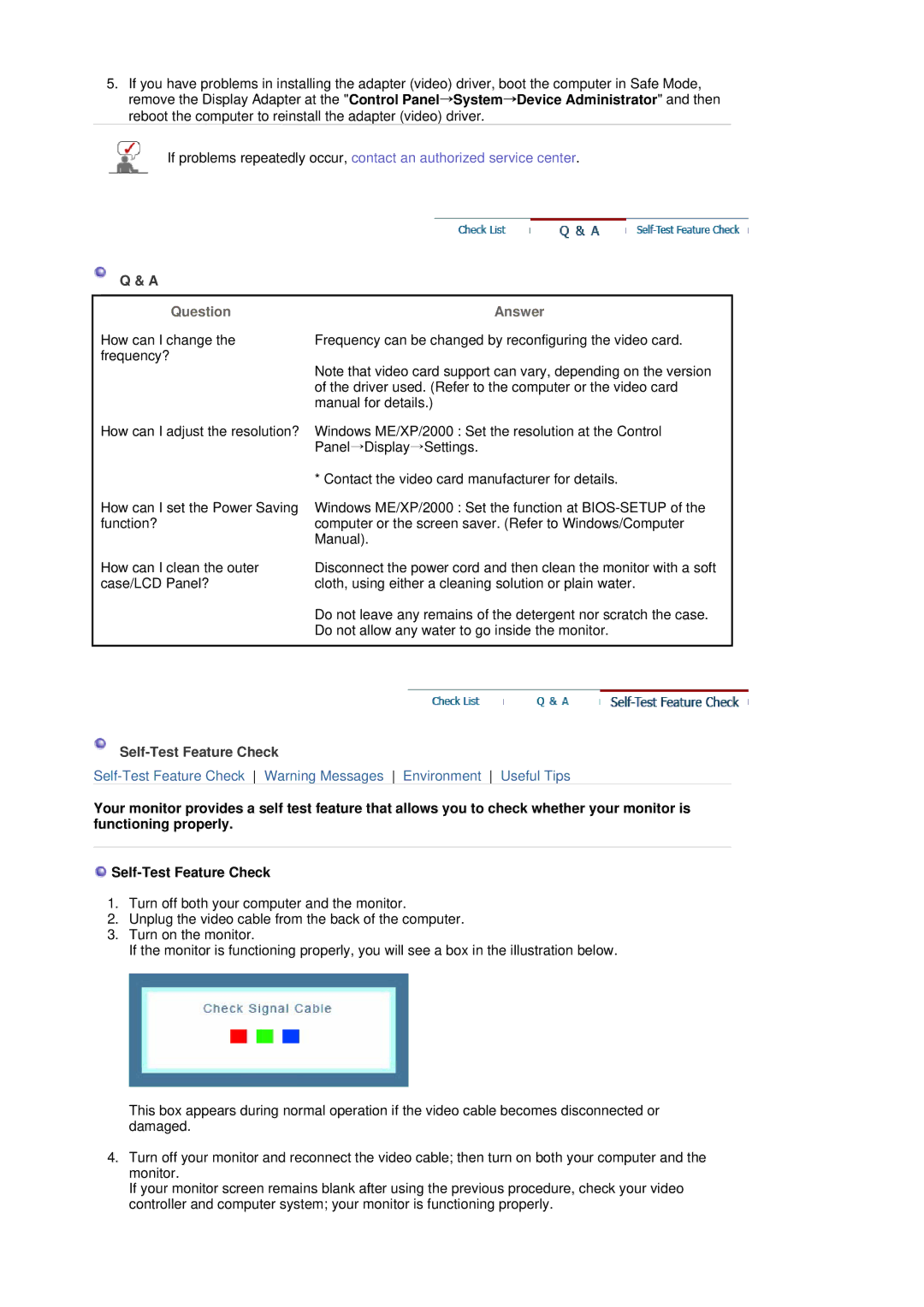 Samsung LS19MJEKSB/XME, MJ19ESTB/XSJ, LS19MJETS/XSJ, MJ19ESTN/XSJ, MJ19ESTSB/EDC Question, Answer, Self-Test Feature Check 