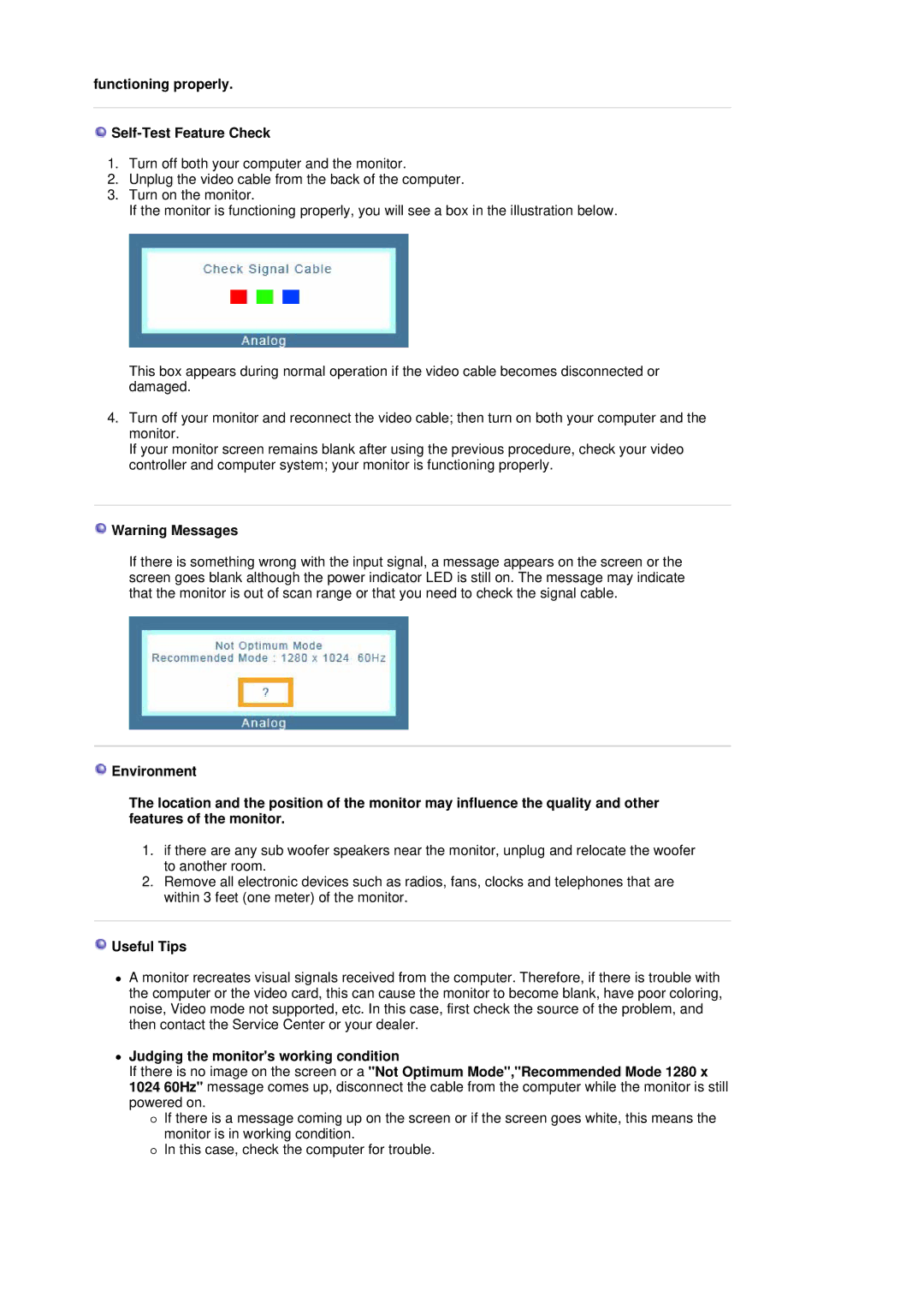 Samsung LS19MJETS/XSJ, MJ19ESTB/XSJ, MJ19ESTN/XSJ, MJ19ESTSB/EDC Functioning properly Self-Test Feature Check, Useful Tips 