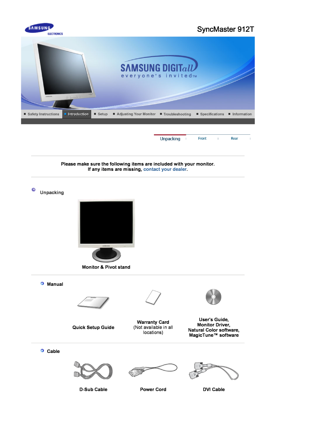 Samsung LS19MJEKSB/XME SyncMaster 912T, Monitor & Pivot stand Manual, DVI Cable, Unpacking, Warranty Card, Users Guide 