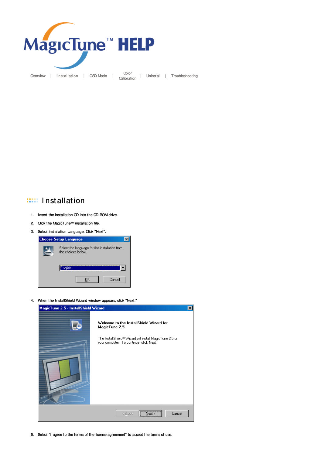 Samsung MJ19ESTSB/ILC, MJ19ESTB/XSJ manual Overview Installation OSD Mode, Uninstall Troubleshooting, Color, Calibration 