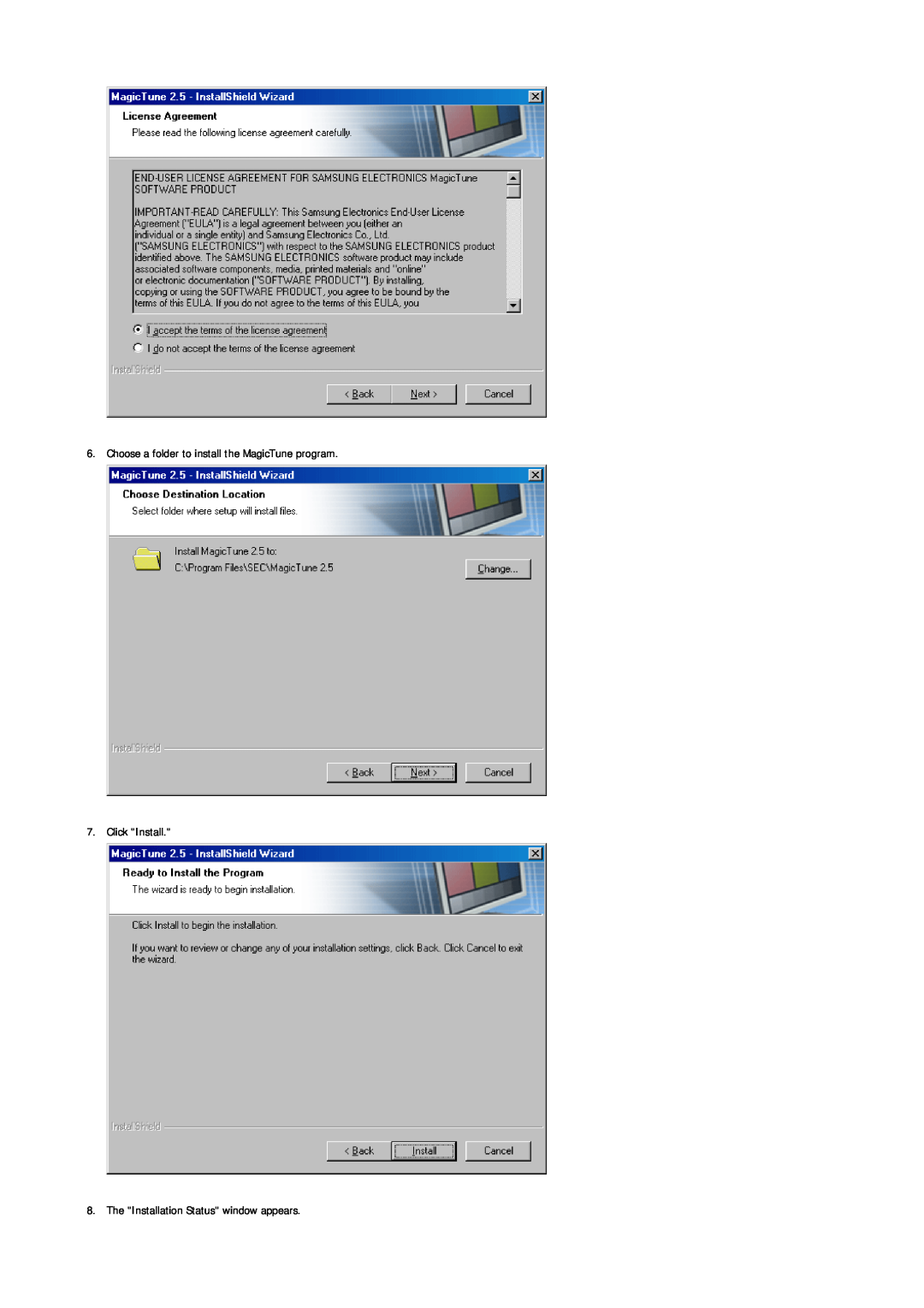 Samsung MJ19ESTB/XSJ, LS19MJETS/XSJ, MJ19ESTN/XSJ manual Choose a folder to install the MagicTune program 7. Click Install 