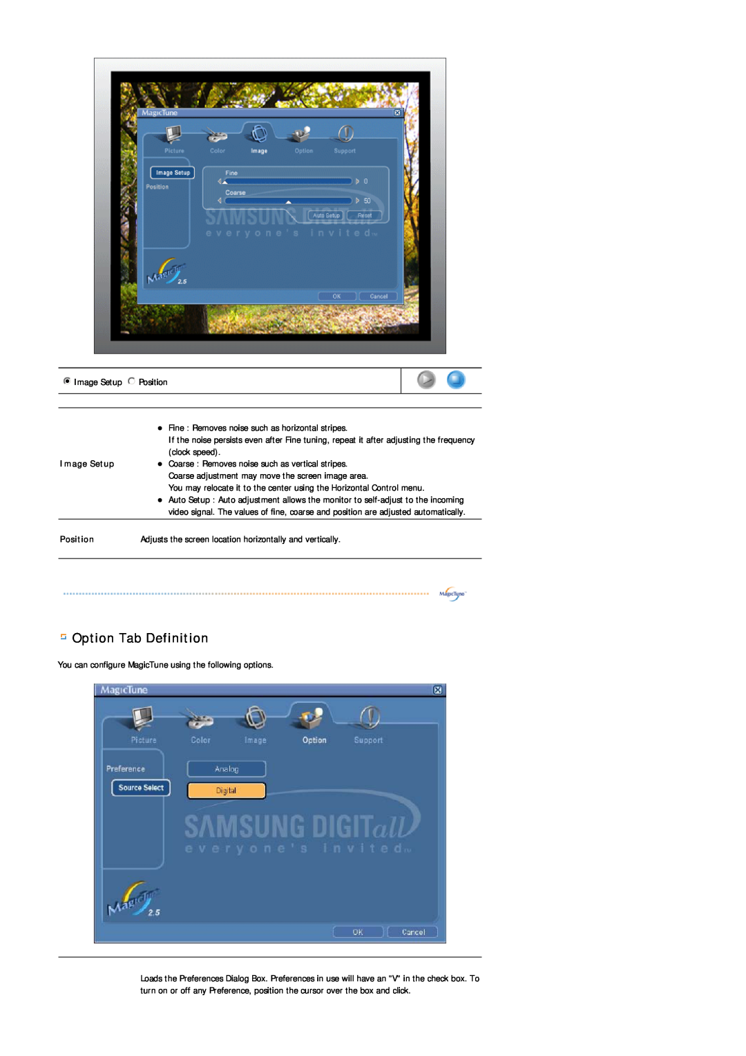 Samsung LS19MJEKSB/XSG, MJ19ESTB/XSJ, LS19MJETS/XSJ, MJ19ESTN/XSJ, MJ19ESTSB/EDC Option Tab Definition, Image Setup, Position 