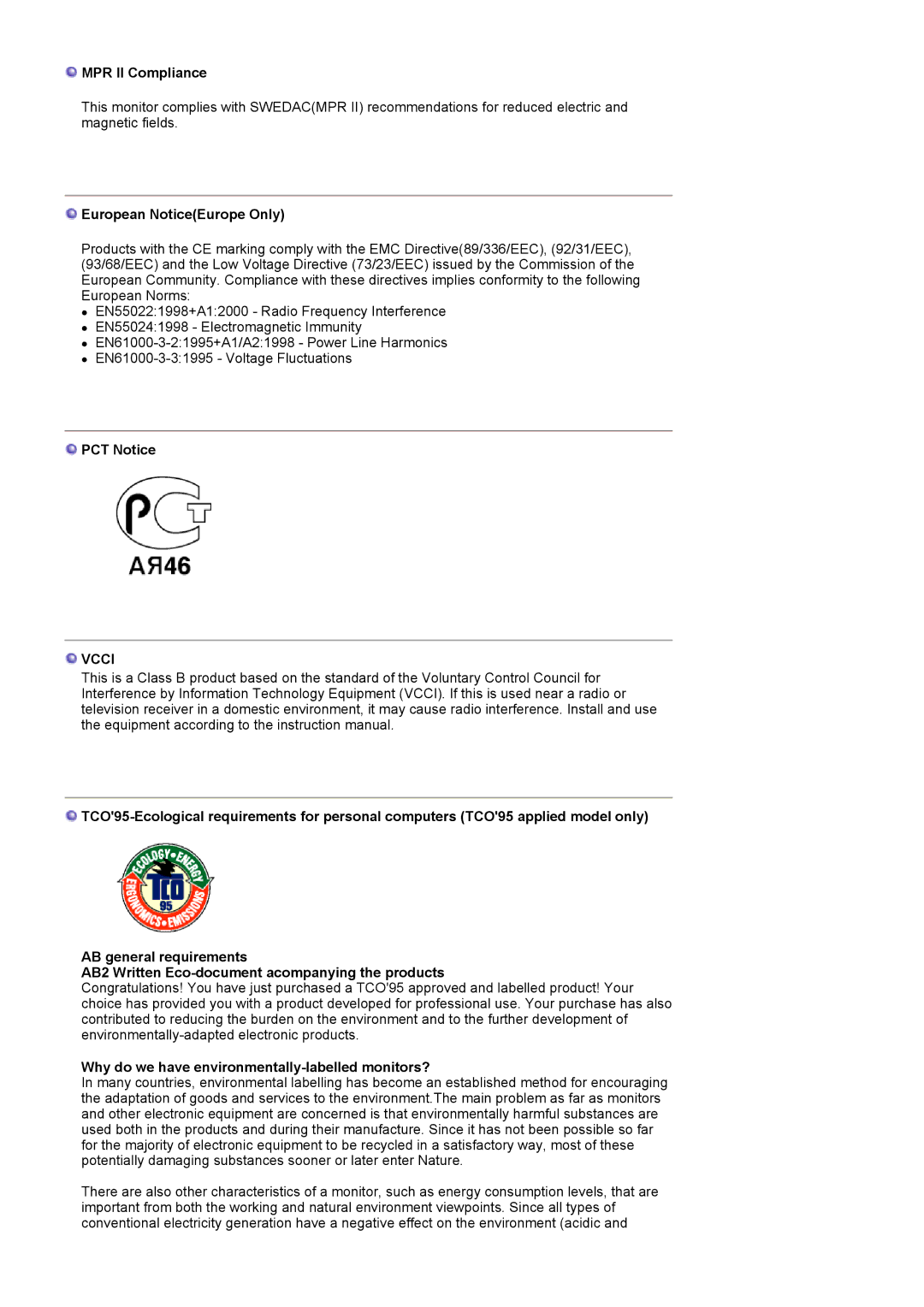 Samsung LS19MJEKSB/SAI, MJ19ESTSB/EDC, MJ19ESKSB/EDC manual MPR II Compliance, European NoticeEurope Only, PCT Notice 