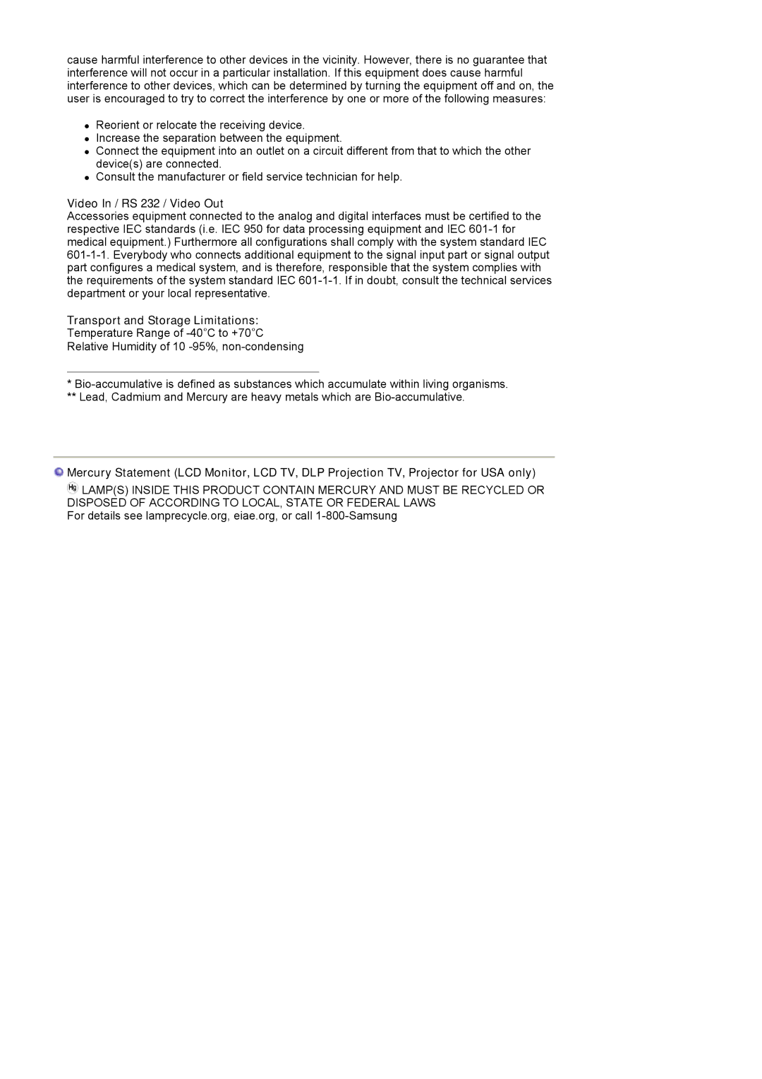 Samsung MJ19ESKSB/EDC, MJ19ESTSB/EDC, LS19MJEKSB/SAI manual Video In / RS 232 / Video Out, Transport and Storage Limitations 