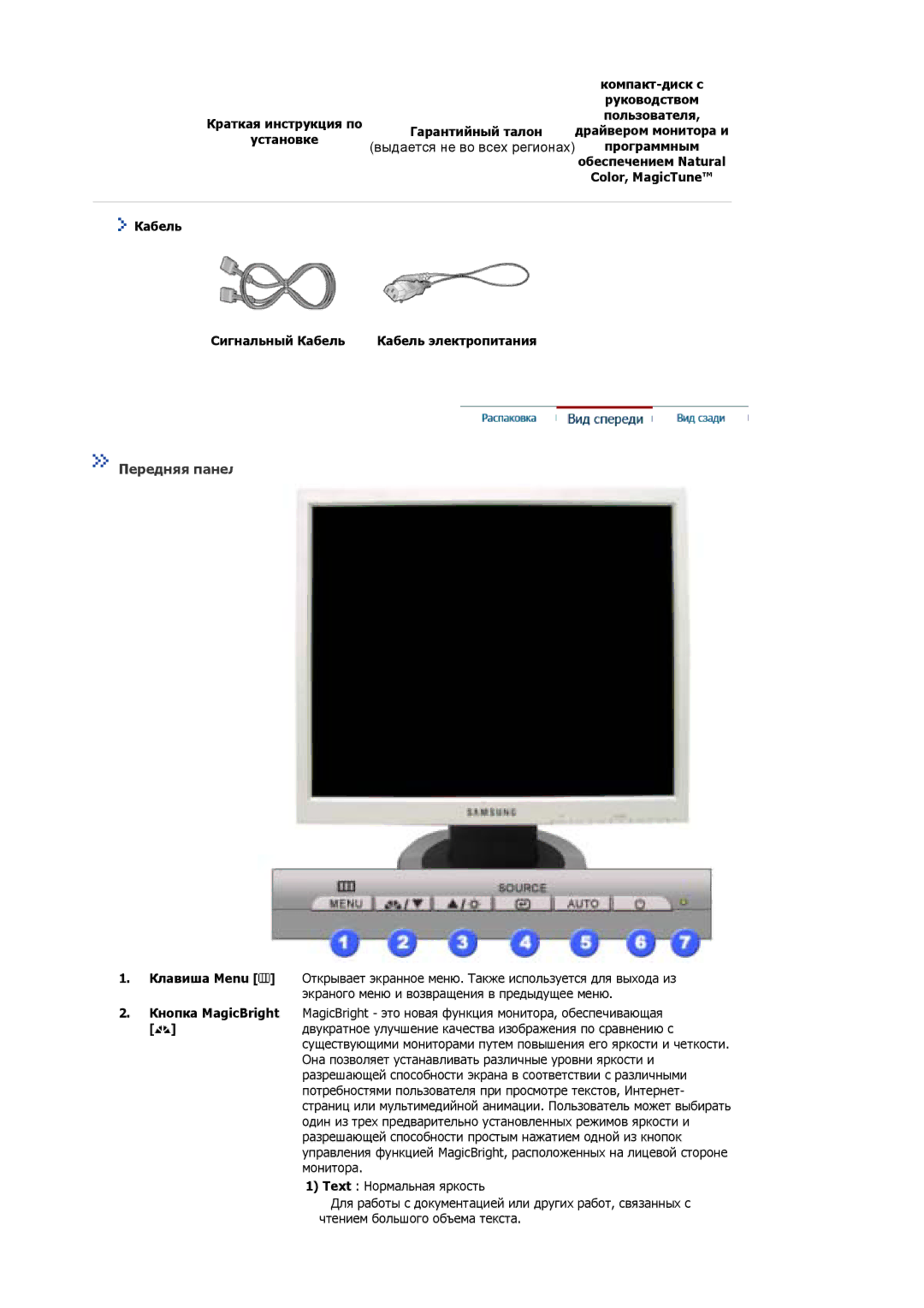 Samsung MJ19ESTSB/EDC, MJ19ESKSB/EDC, LS19MJEKSB/SAI manual Выдается не во всех регионах, Передняя панел, Гарантийный талон 