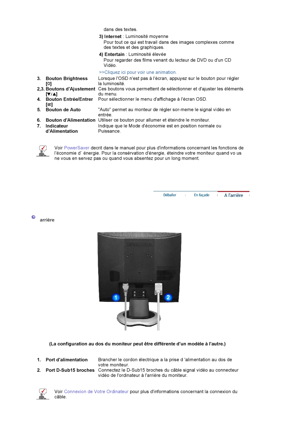 Samsung MJ19ESTSB/EDC, MJ19ESKSB/EDC manual Indicateur, DAlimentation Puissance, Arrière 