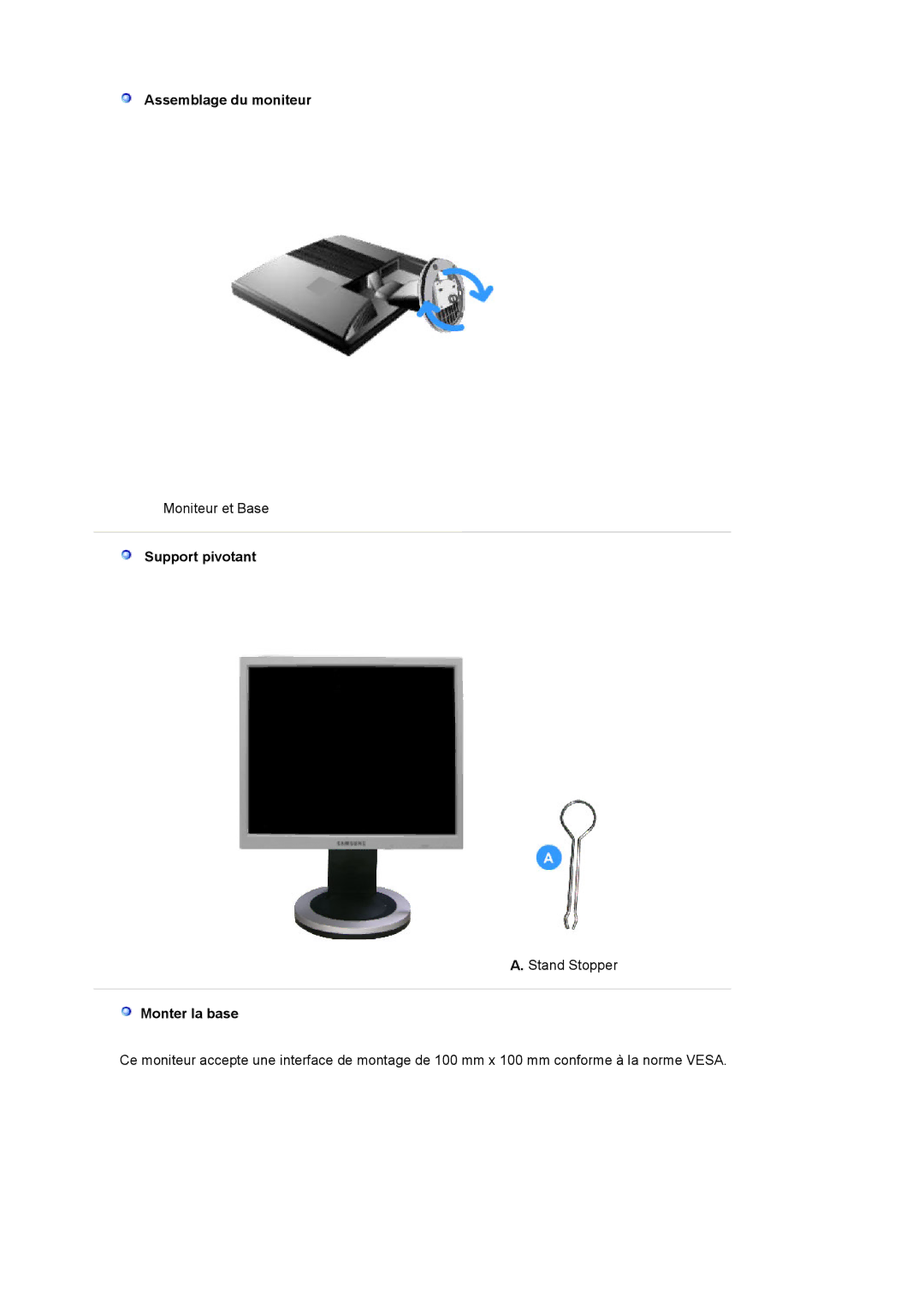 Samsung MJ19ESKSB/EDC, MJ19ESTSB/EDC manual Assemblage du moniteur, Support pivotant, Monter la base 