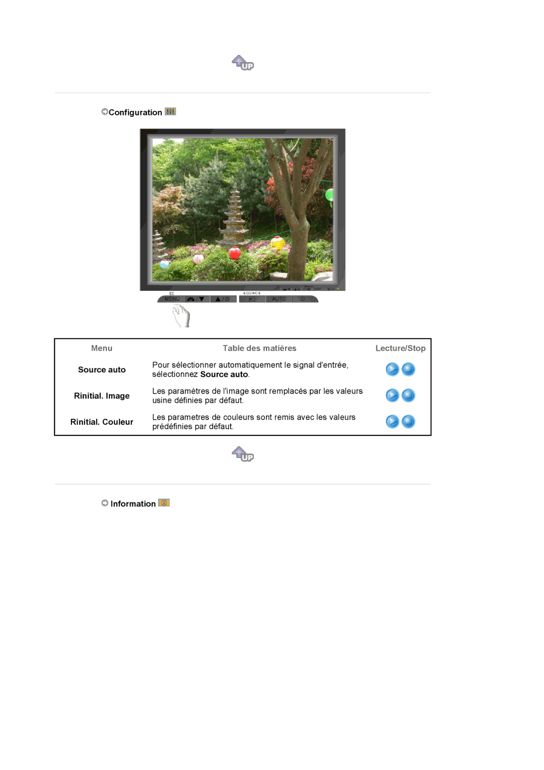 Samsung MJ19ESKSB/EDC, MJ19ESTSB/EDC manual Configuration, Source auto Rinitial. Image Rinitial. Couleur 