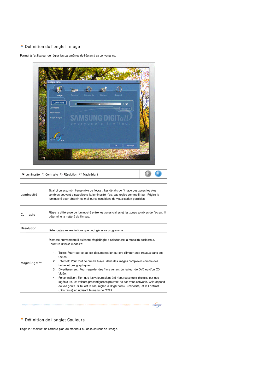 Samsung MJ19ESKSB/EDC, MJ19ESTSB/EDC manual Définition de longlet Image, Définition de longlet Couleurs 