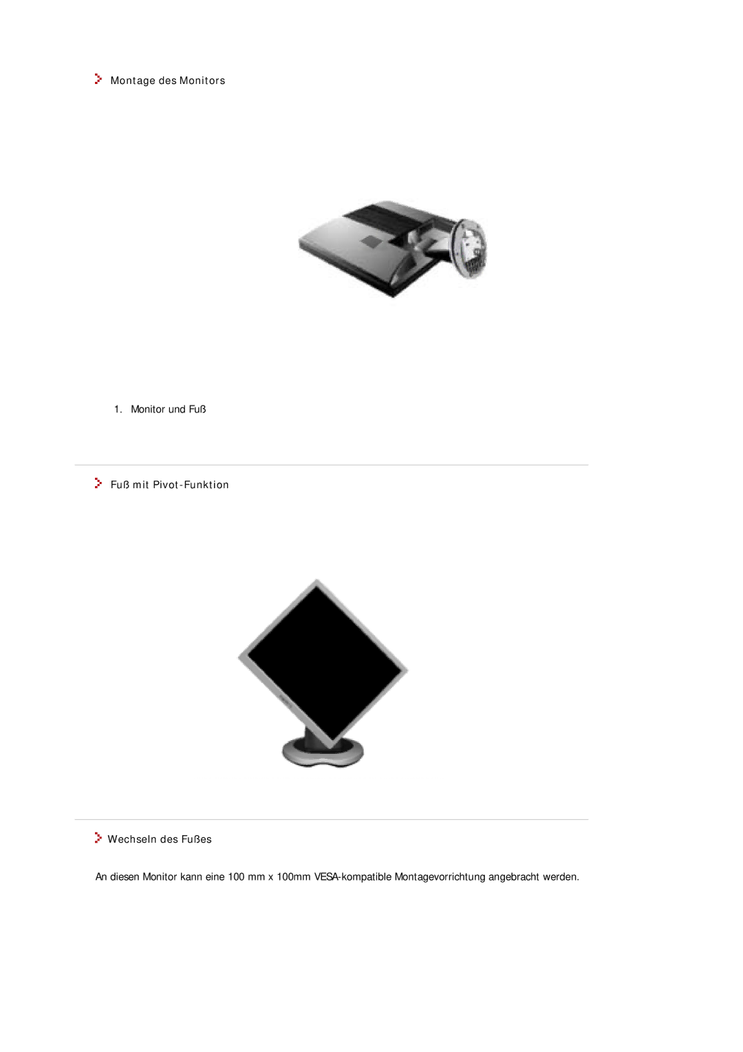 Samsung MJ19ESTSB/EDC, MJ19ESKSB/EDC manual Montage des Monitors, Fuß mit Pivot-Funktion Wechseln des Fußes 