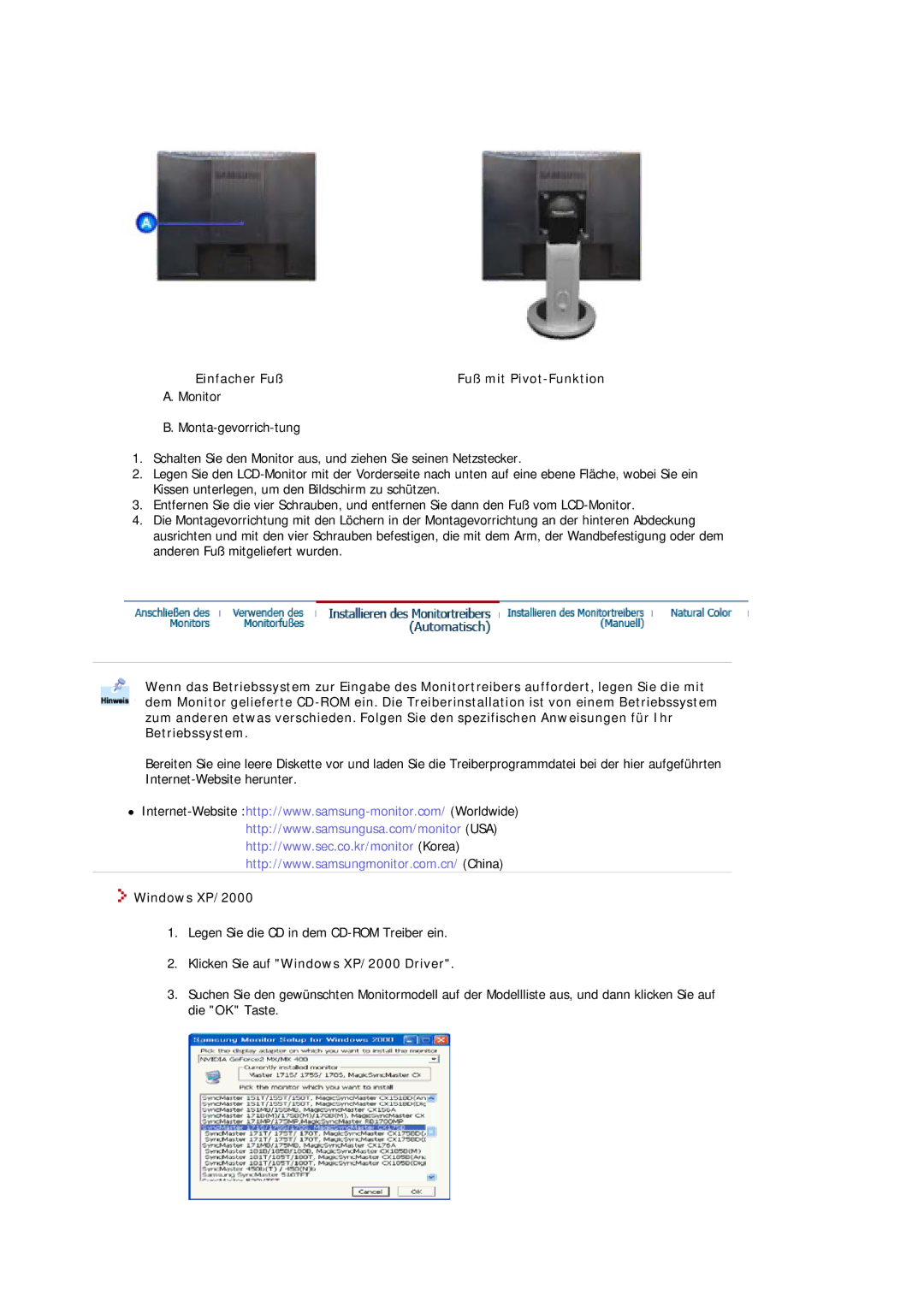 Samsung MJ19ESKSB/EDC, MJ19ESTSB/EDC manual Einfacher Fuß, Klicken Sie auf Windows XP/2000 Driver 