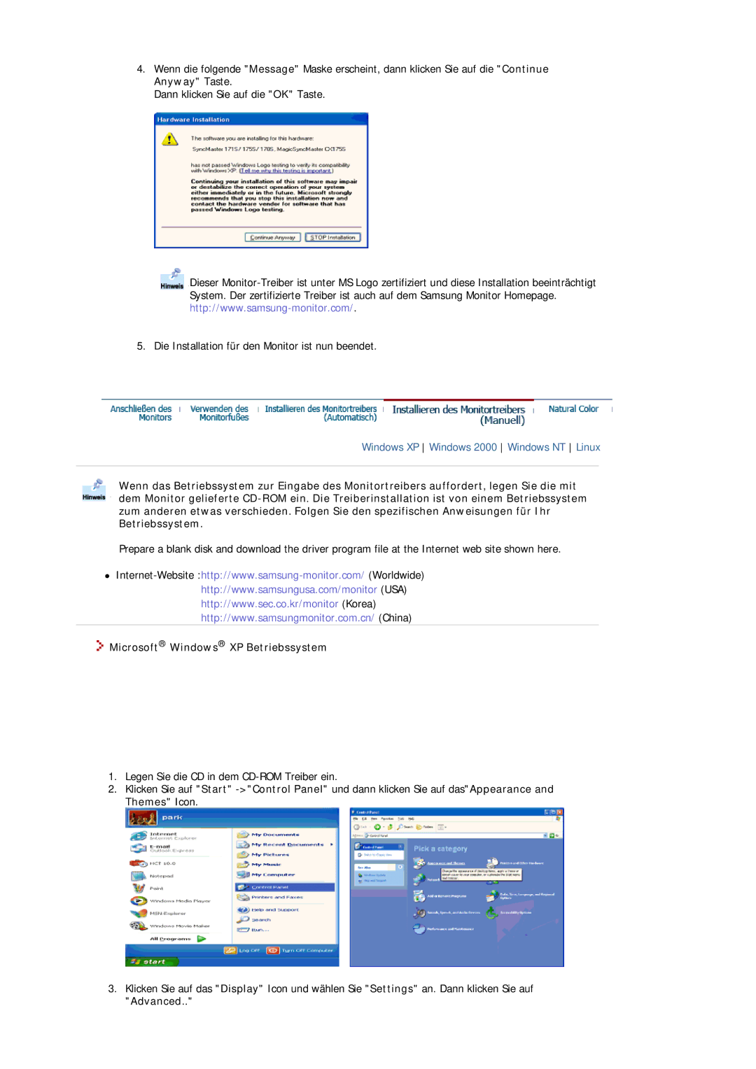 Samsung MJ19ESTSB/EDC, MJ19ESKSB/EDC manual Microsoft Windows XP Betriebssystem, Advanced 
