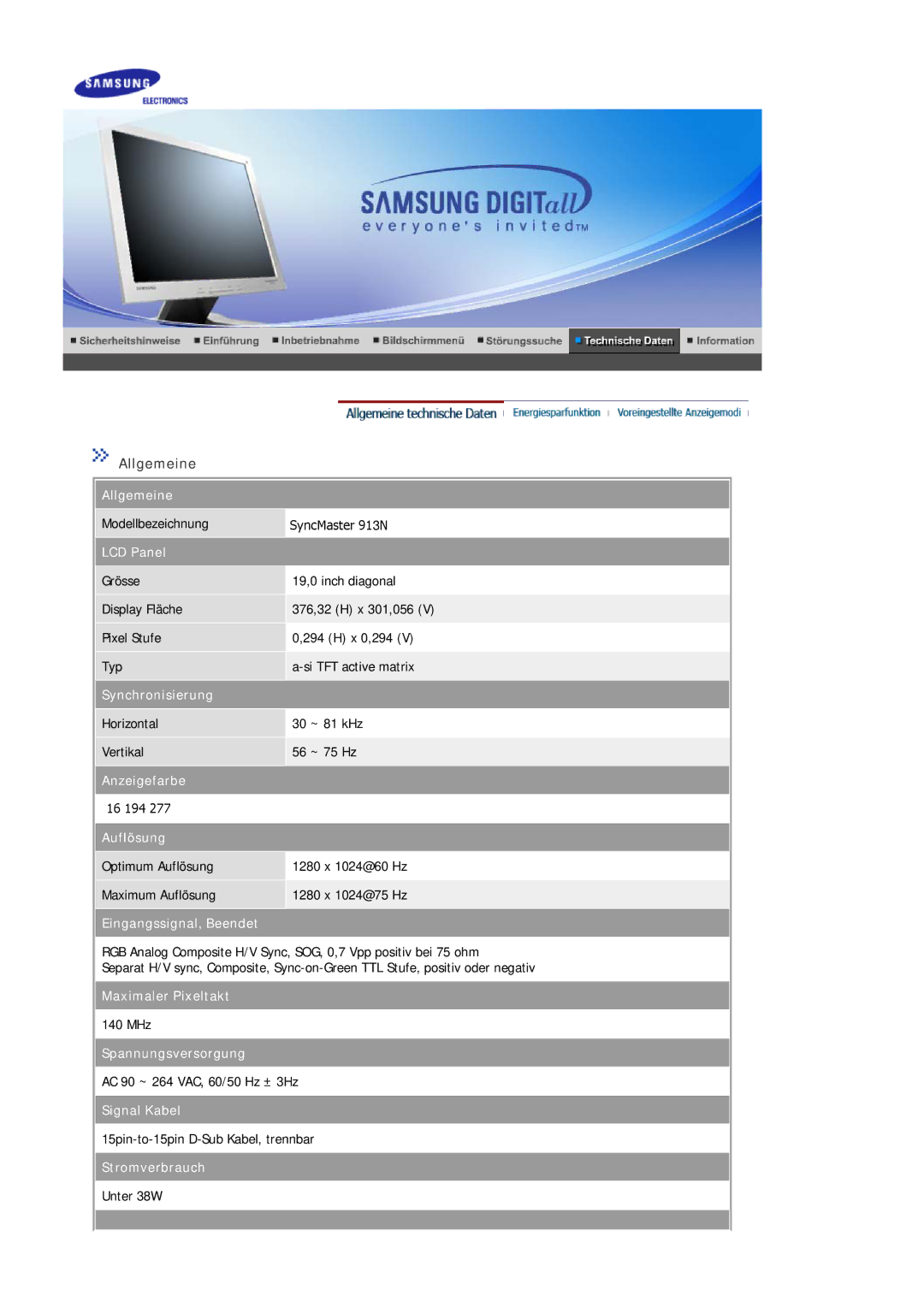 Samsung MJ19ESTSB/EDC, MJ19ESKSB/EDC manual Allgemeine, LCD Panel 