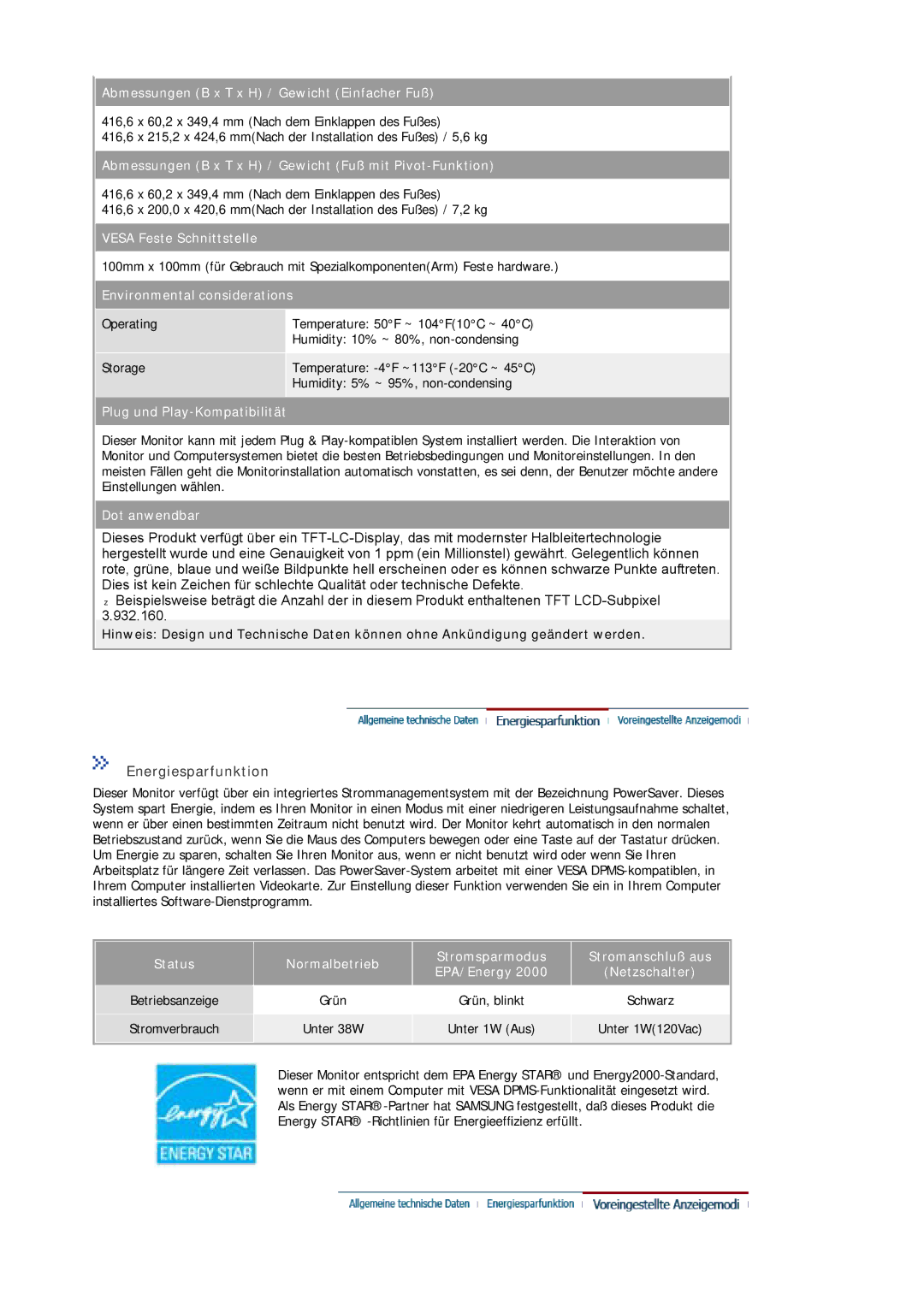 Samsung MJ19ESKSB/EDC, MJ19ESTSB/EDC manual Energiesparfunktion, Abmessungen B x T x H / Gewicht Einfacher Fuß 