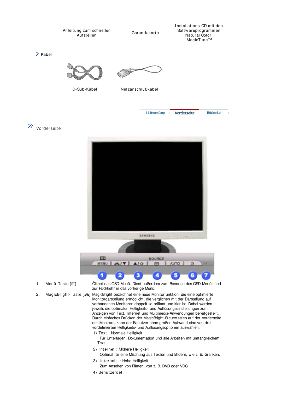 Samsung MJ19ESKSB/EDC manual Vorderseite, Garantiekarte, Natural Color, Kabel Sub-Kabel Netzanschlußkabel, Benutzerdef 