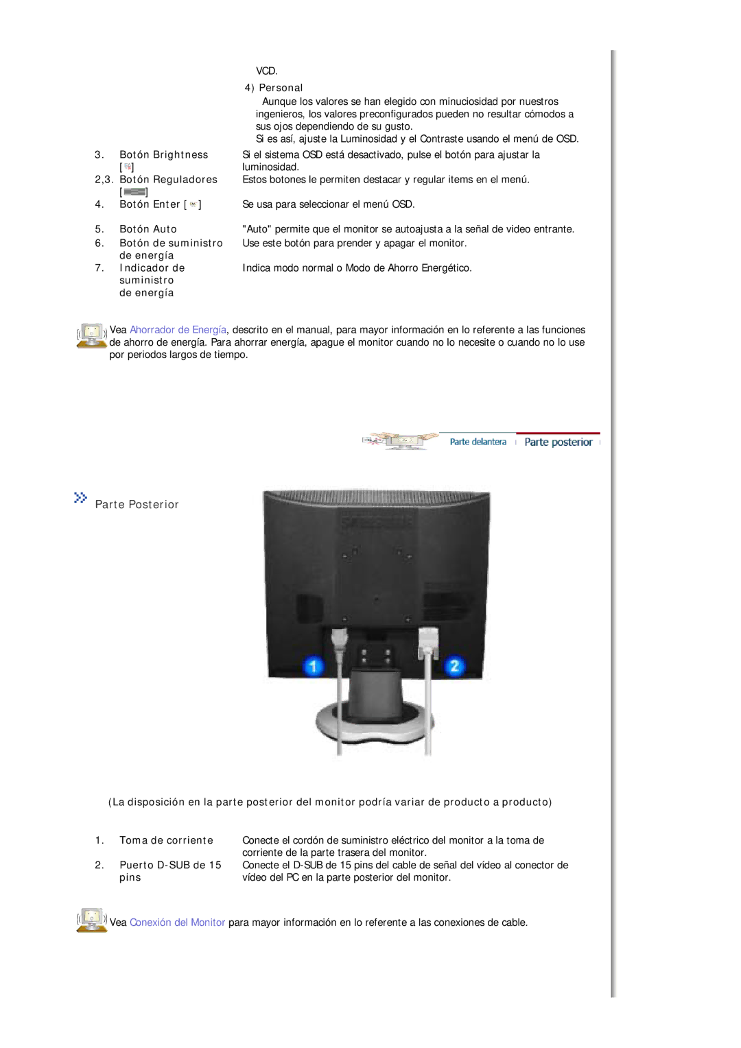 Samsung MJ19ESTSB/EDC manual Parte Posterior, Personal, Luminosidad, Pins Vídeo del PC en la parte posterior del monitor 