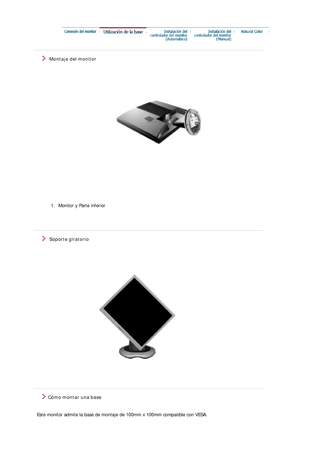 Samsung MJ19ESTSB/EDC, MJ19ESKSB/EDC manual Montaje del monitor, Soporte giratorio Cómo montar una base 