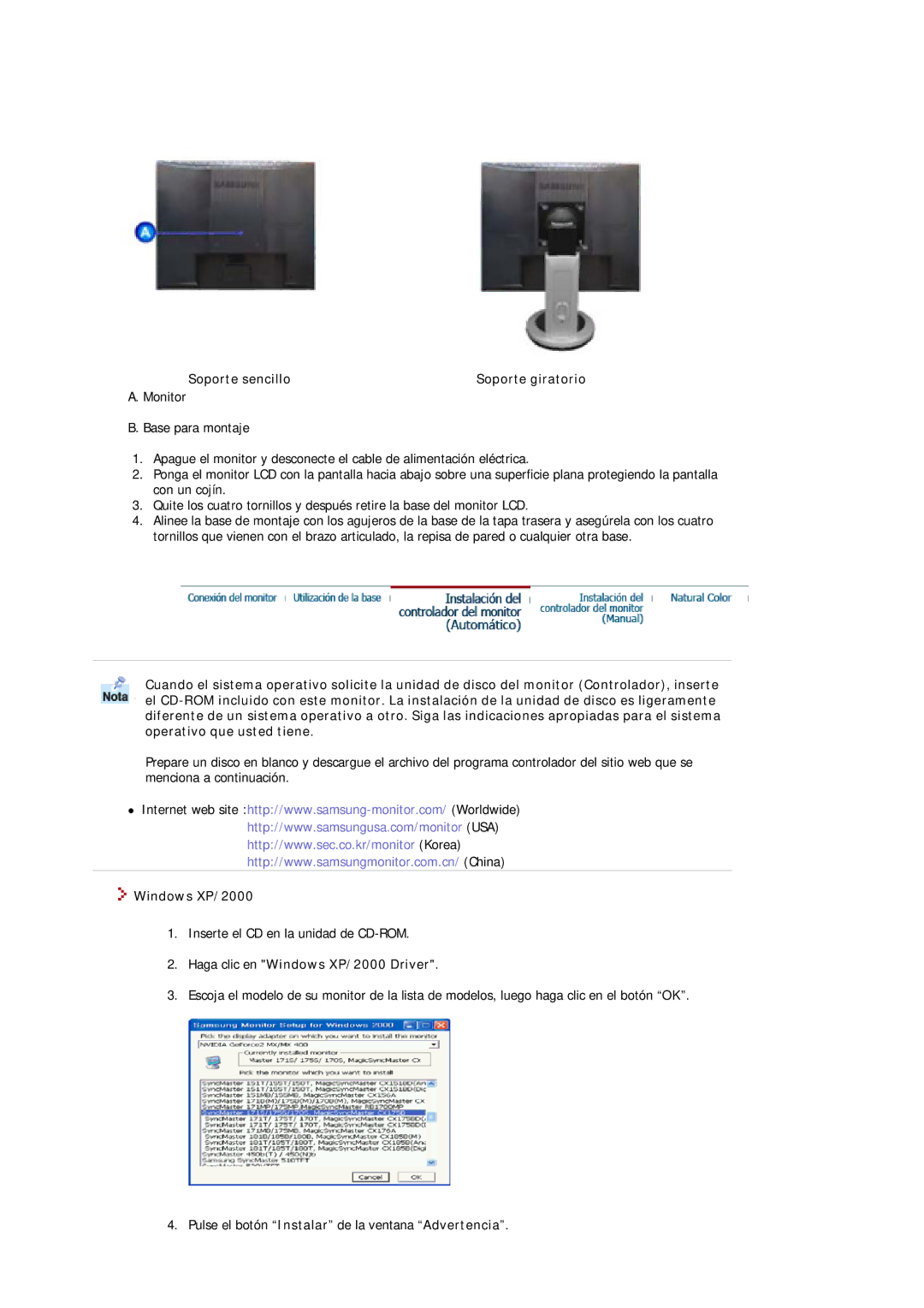 Samsung MJ19ESKSB/EDC, MJ19ESTSB/EDC manual Soporte sencillo, Haga clic en Windows XP/2000 Driver 