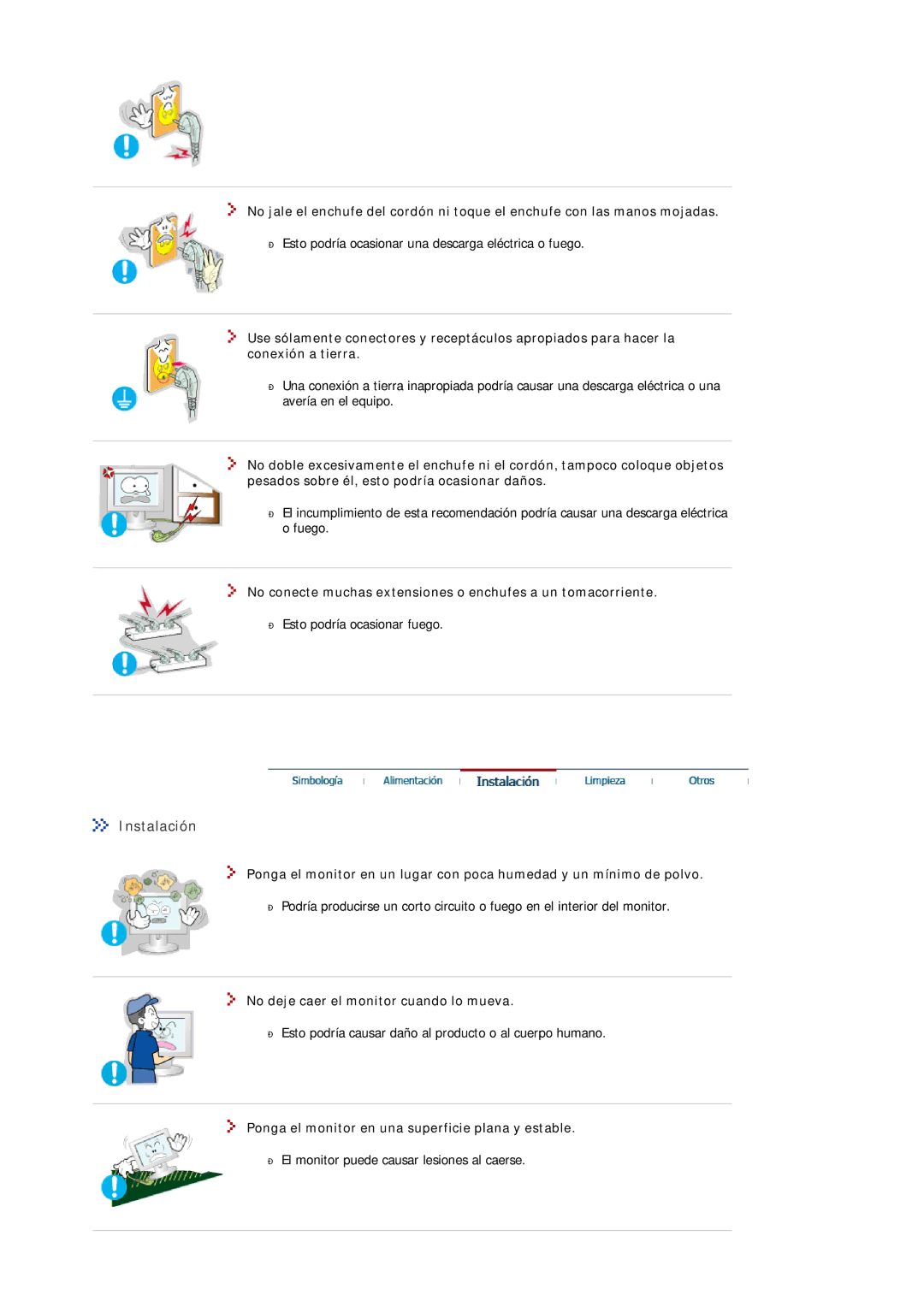 Samsung MJ19ESKSB/EDC, MJ19ESTSB/EDC manual Instalación, No conecte muchas extensiones o enchufes a un tomacorriente 