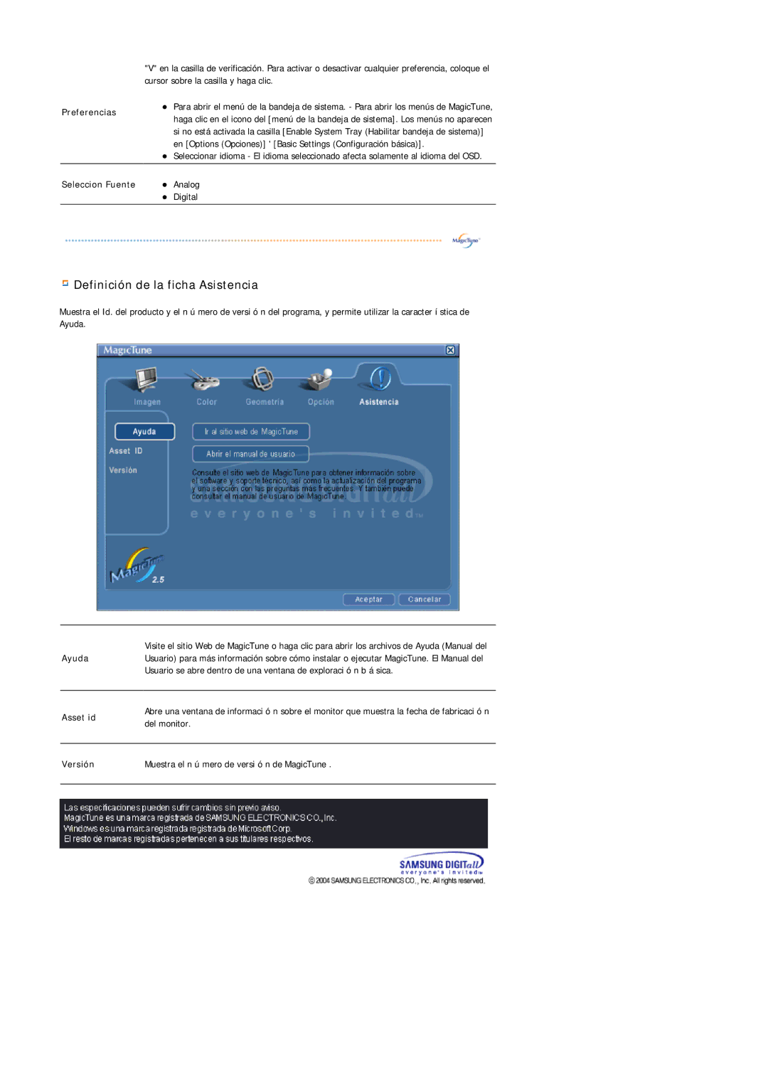 Samsung MJ19ESTSB/EDC, MJ19ESKSB/EDC manual Definición de la ficha Asistencia, Preferencias 