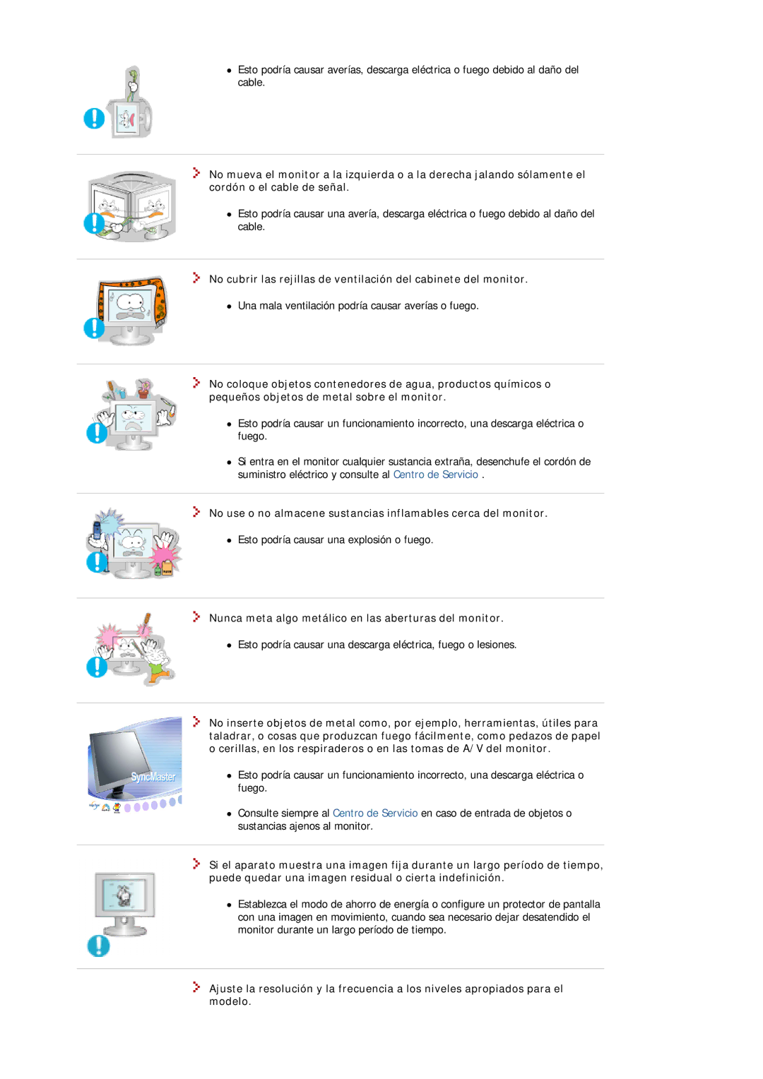 Samsung MJ19ESTSB/EDC, MJ19ESKSB/EDC manual Nunca meta algo metálico en las aberturas del monitor 