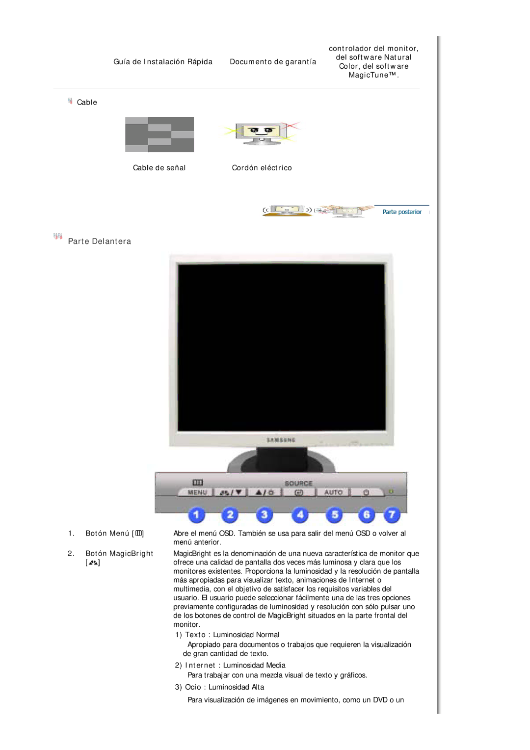 Samsung MJ19ESKSB/EDC, MJ19ESTSB/EDC manual Parte Delantera, Botón Menú 