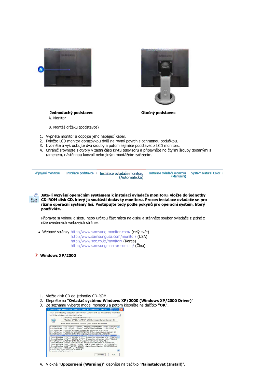 Samsung MJ19ESKSB/EDC, MJ19ESTSB/EDC manual Jednoduchý podstavec, Windows XP/2000 