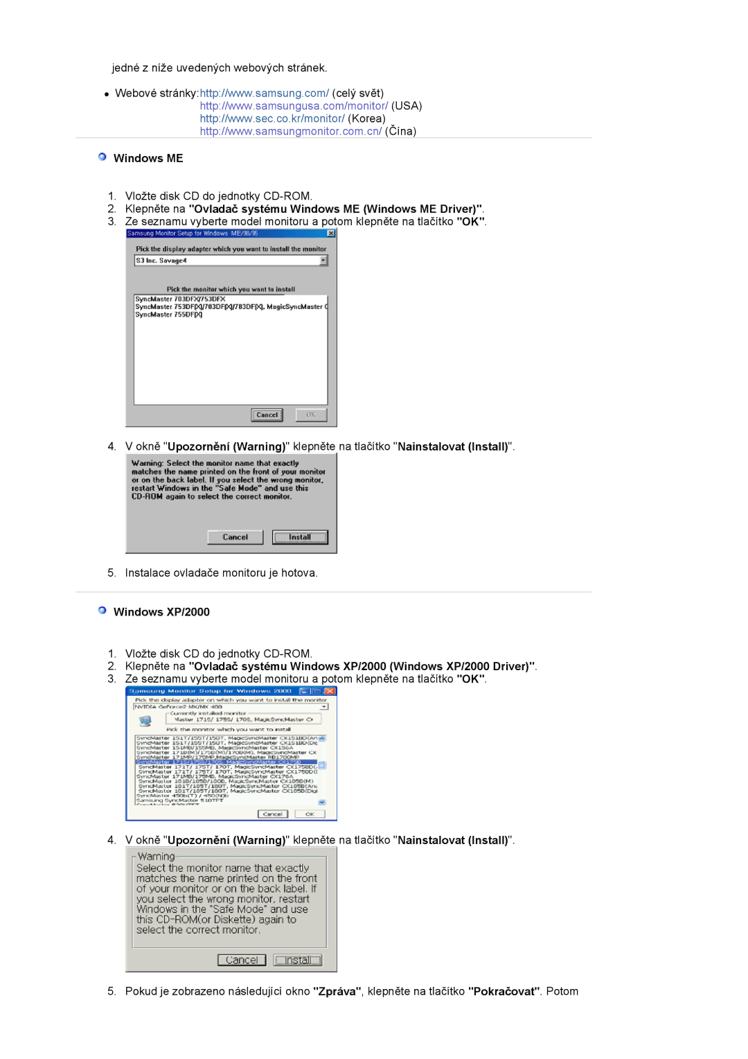 Samsung MJ19ESKSB/EDC, MJ19ESTSB/EDC manual Klepněte na Ovladač systému Windows ME Windows ME Driver, Windows XP/2000 