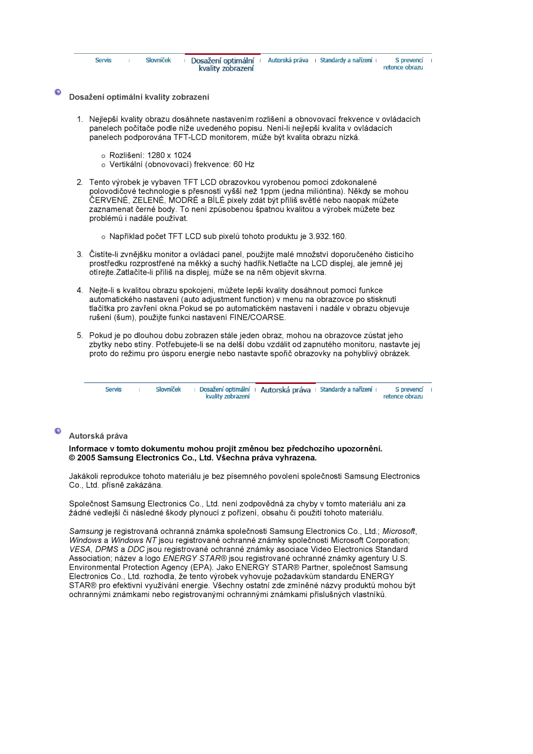 Samsung MJ19ESKSB/EDC, MJ19ESTSB/EDC manual Dosažení optimální kvality zobrazení, Autorská práva 