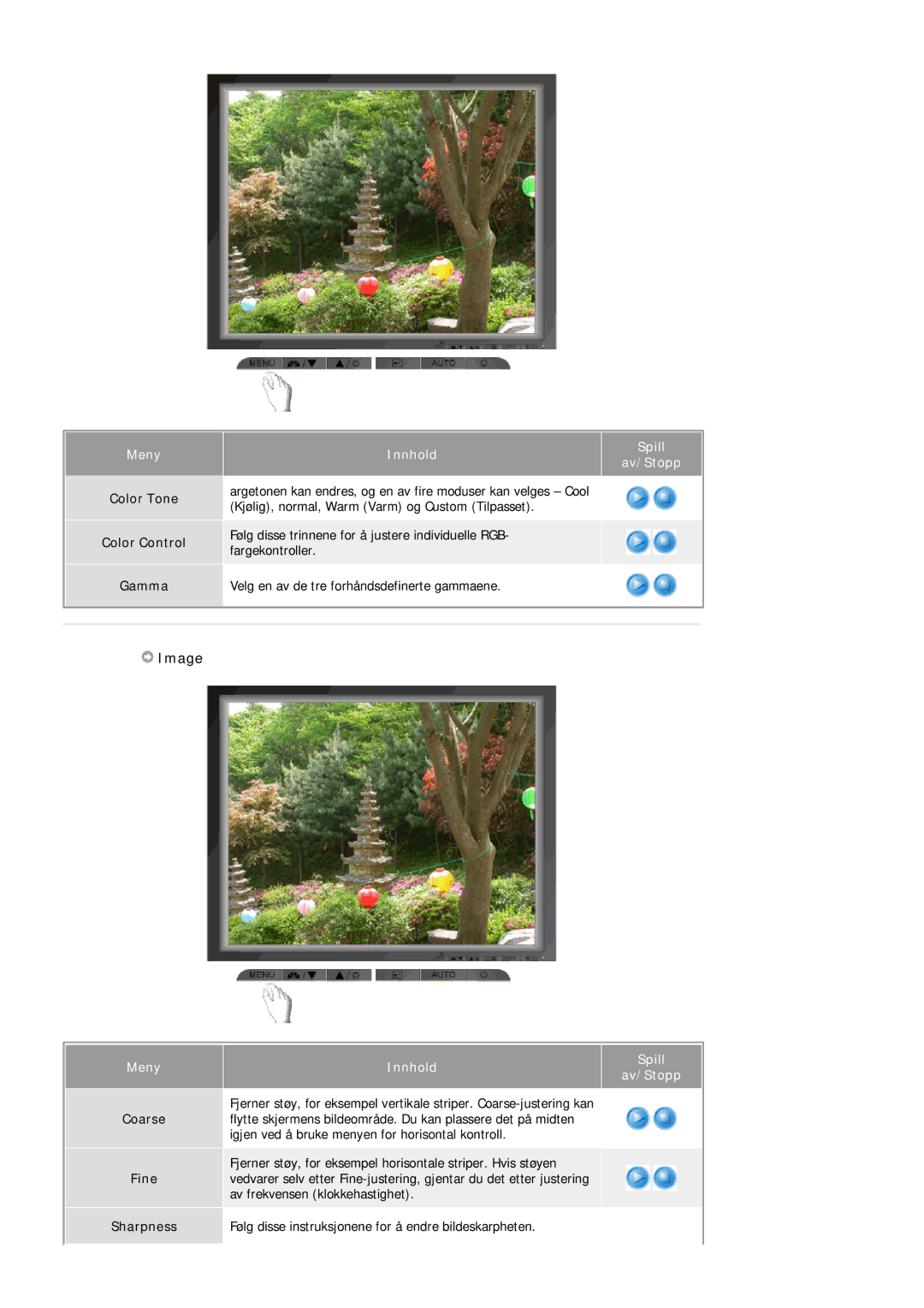 Samsung MJ19ESTSB/EDC, MJ19ESKSB/EDC manual Image, Meny, Color Tone Color Control Gamma, Spill Av/Stopp 