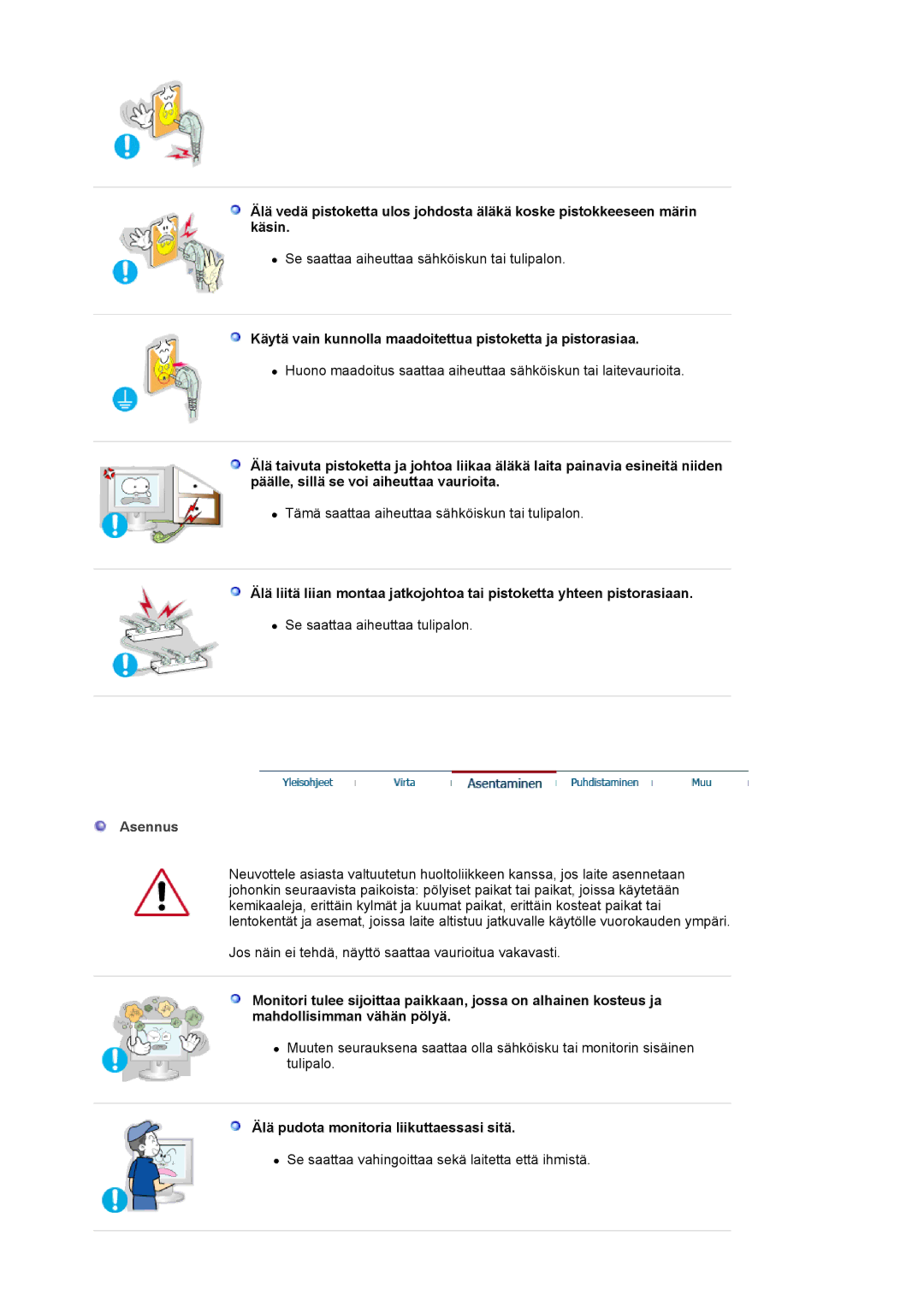 Samsung MJ19ESKSB/EDC, MJ19ESTSB/EDC manual Käytä vain kunnolla maadoitettua pistoketta ja pistorasiaa, Asennus 