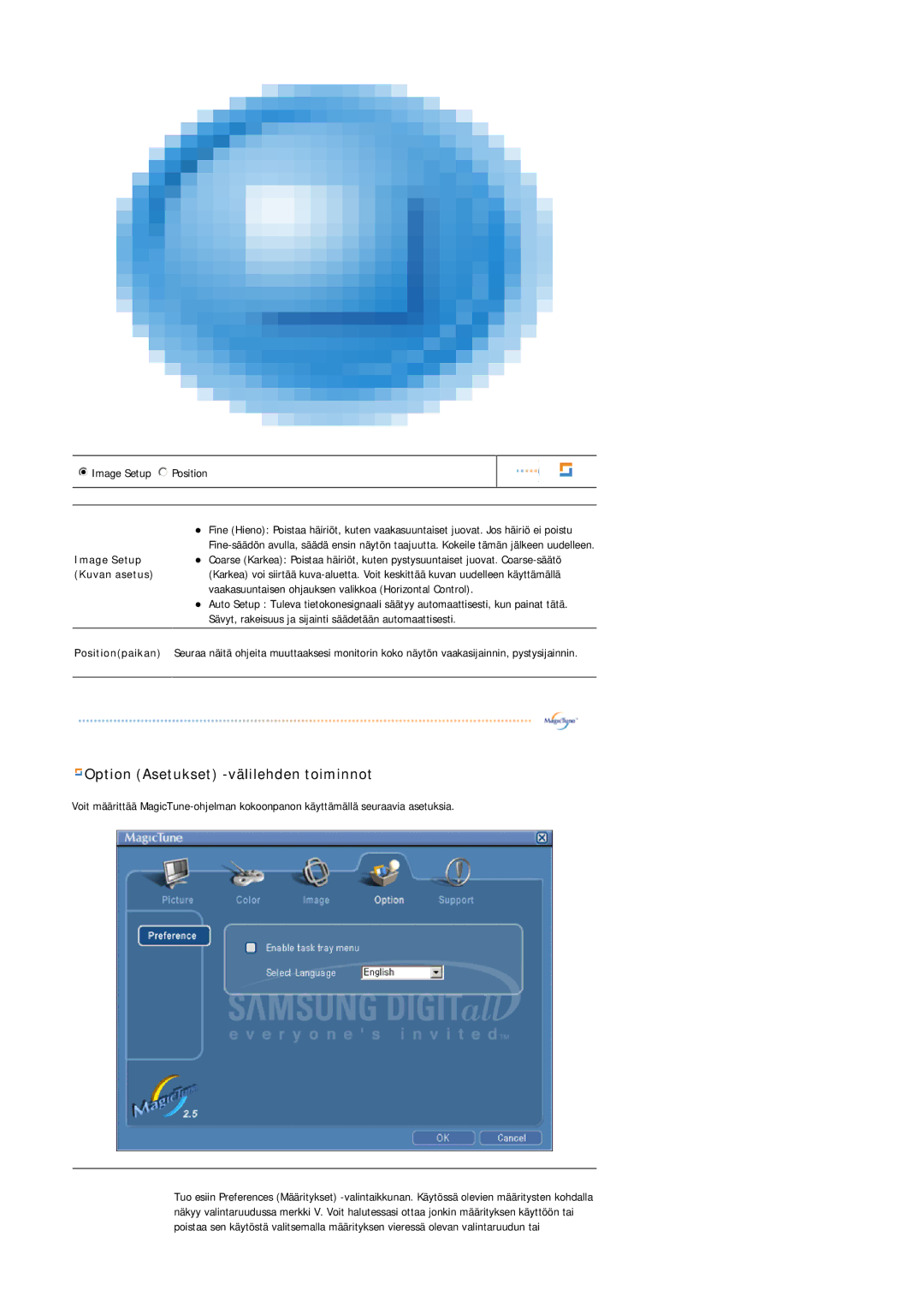 Samsung MJ19ESTSB/EDC, MJ19ESKSB/EDC manual Option Asetukset -välilehden toiminnot 