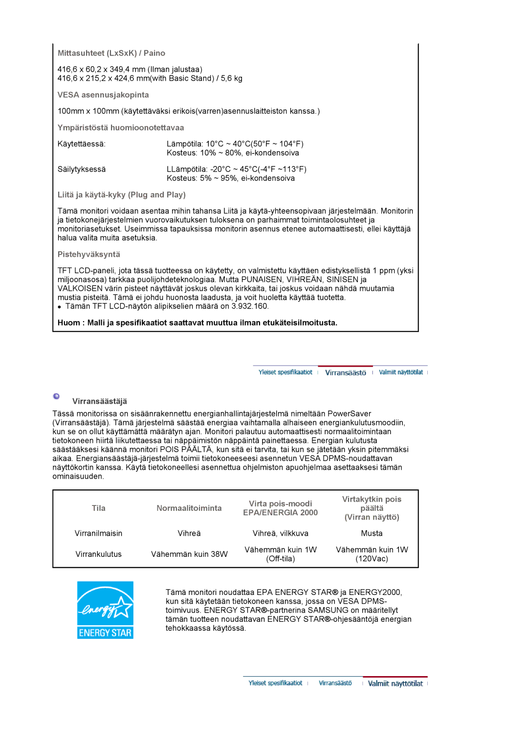 Samsung MJ19ESTSB/EDC, MJ19ESKSB/EDC manual Mittasuhteet LxSxK / Paino, Vesa asennusjakopinta 