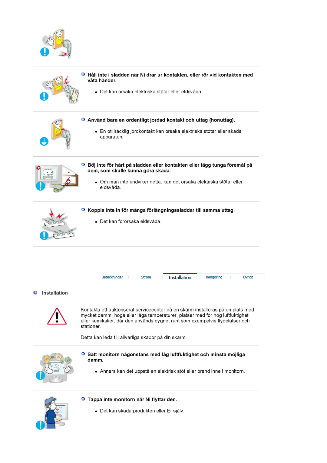 Samsung MJ19ESKSB/EDC, MJ19ESTSB/EDC manual Använd bara en ordentligt jordad kontakt och uttag honuttag, Installation 