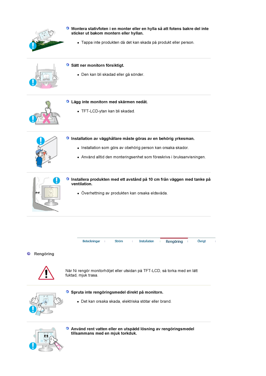 Samsung MJ19ESTSB/EDC, MJ19ESKSB/EDC manual Sätt ner monitorn försiktigt, Lägg inte monitorn med skärmen nedåt, Rengöring 