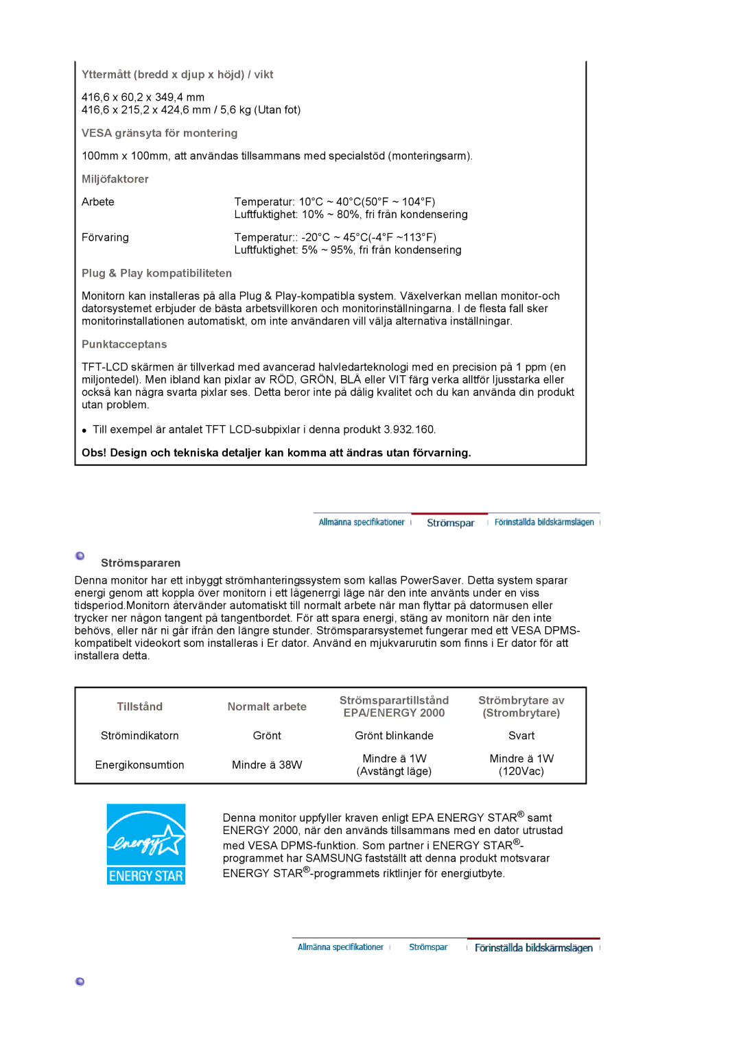 Samsung MJ19ESTSB/EDC, MJ19ESKSB/EDC manual Yttermått bredd x djup x höjd / vikt, Vesa gränsyta för montering 