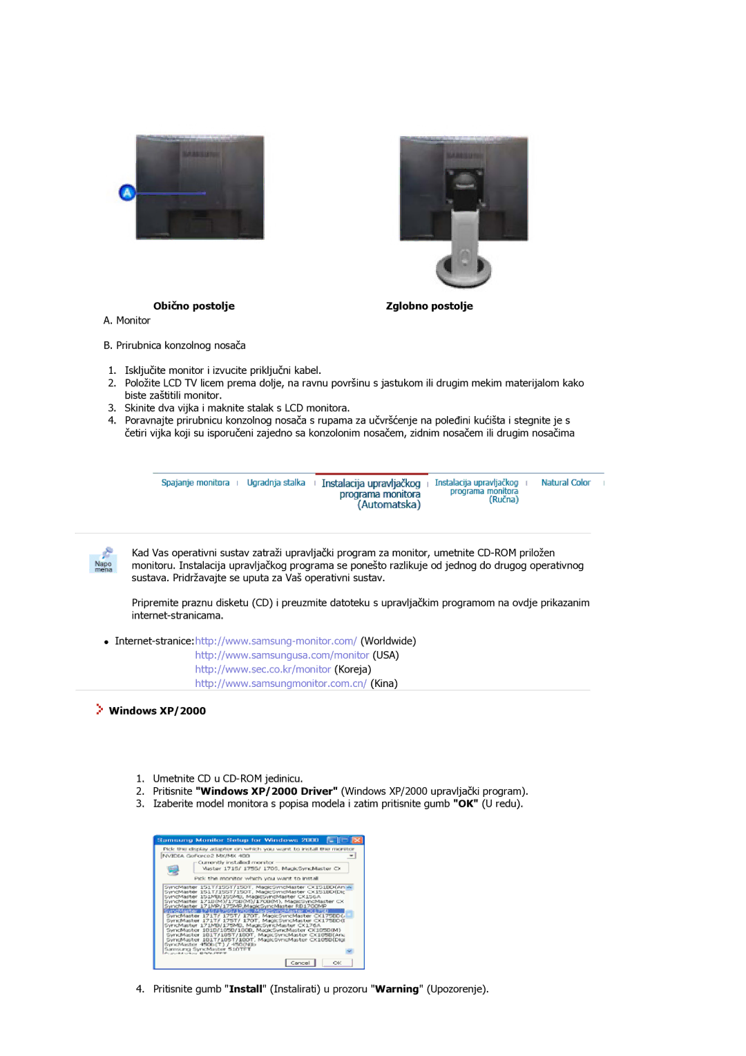 Samsung MJ19ESKSB/EDC, MJ19ESTSB/EDC manual Obično postolje, Windows XP/2000 