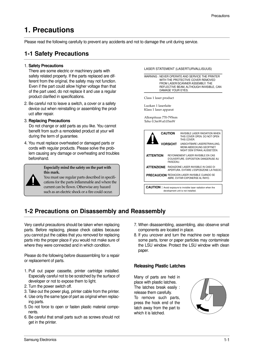 Samsung ML-1200, ML-1210 specifications Safety Precautions, Precautions on Disassembly and Reassembly, Replacing Precautions 