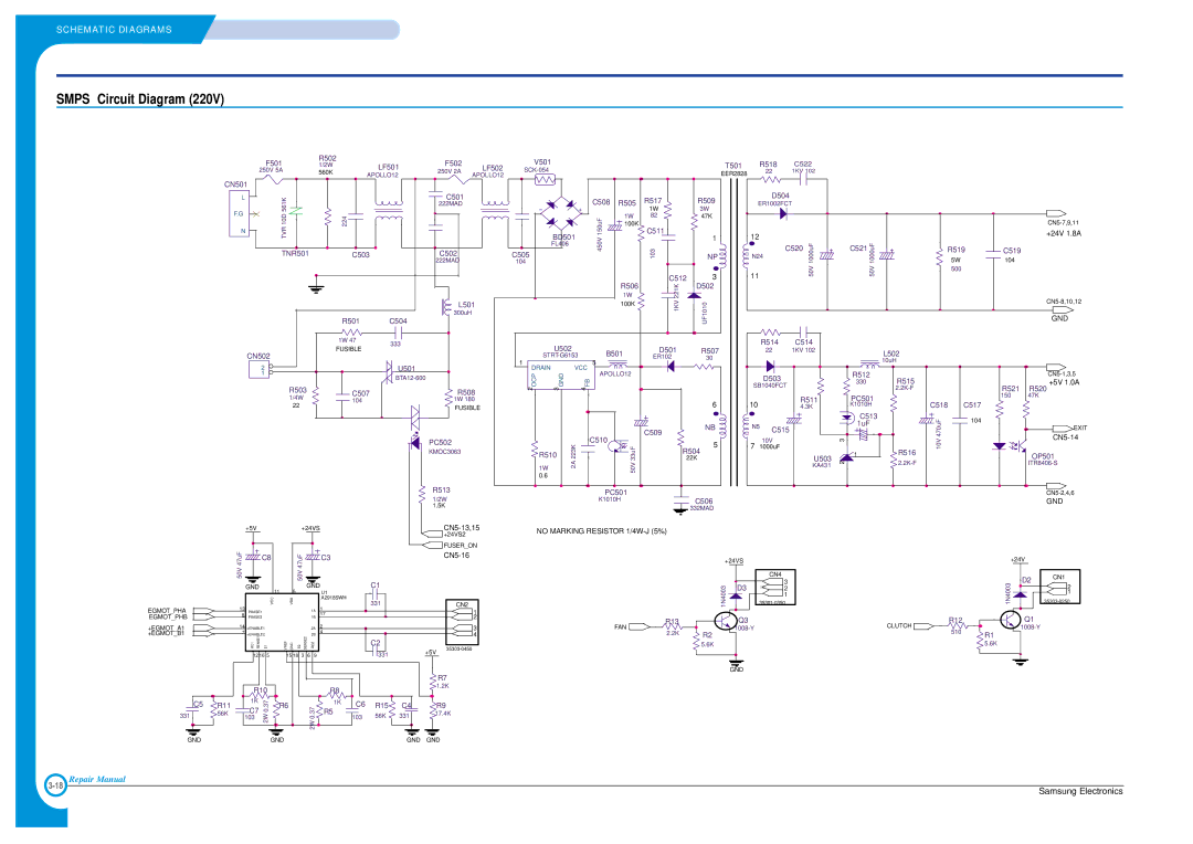 Samsung ML-1200, ML-1210 specifications No Marking Resistor 1/4W-J 5% 