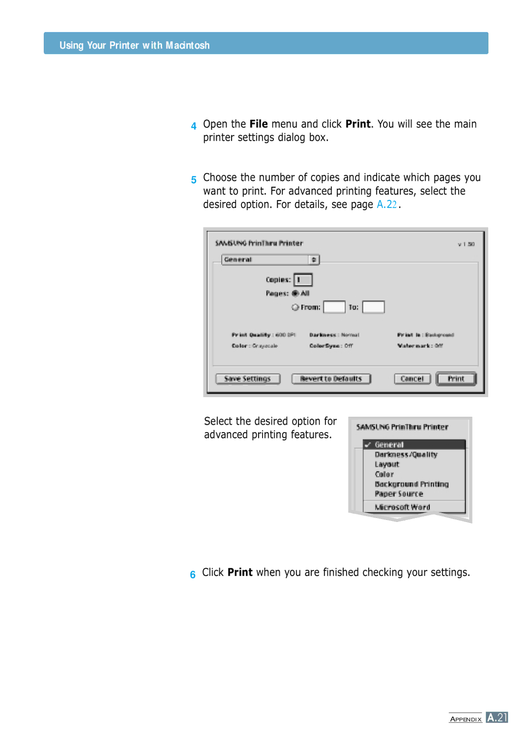 Samsung ML-1200 Series manual Click Print when you are finished checking your settings 