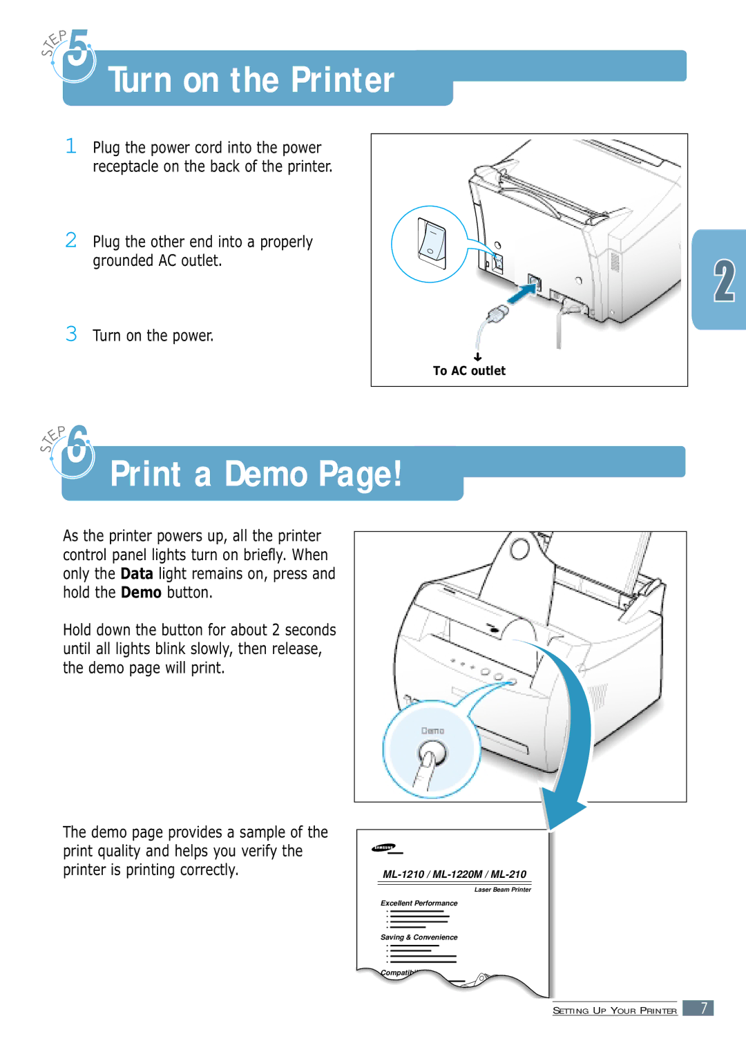 Samsung ML-1200 Series manual Turn on the Printer, Print a Demo, Turn on the power 