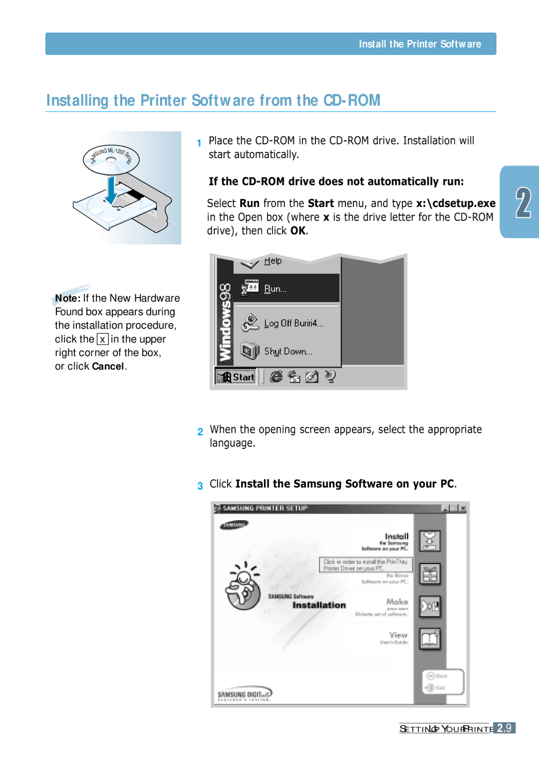 Samsung ML-1200 Series manual Installing the Printer Software from the CD-ROM, Install the Printer Software 