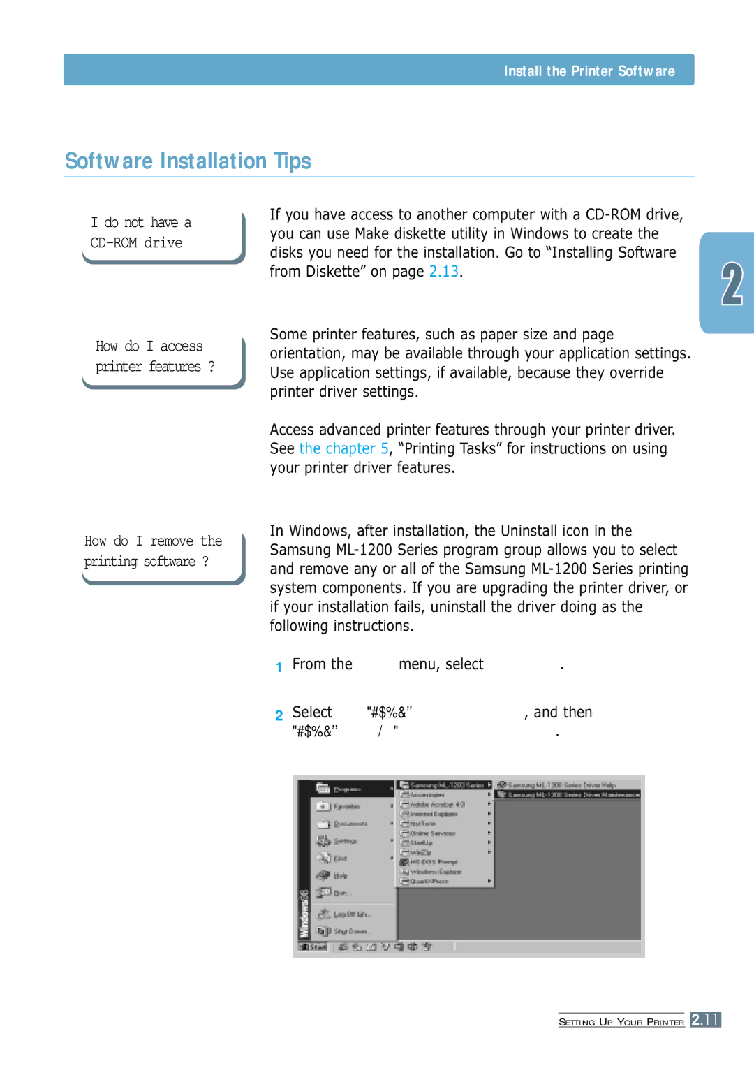 Samsung ML-1200 Series manual Software Installation Tips, From the Start menu, select Programs 