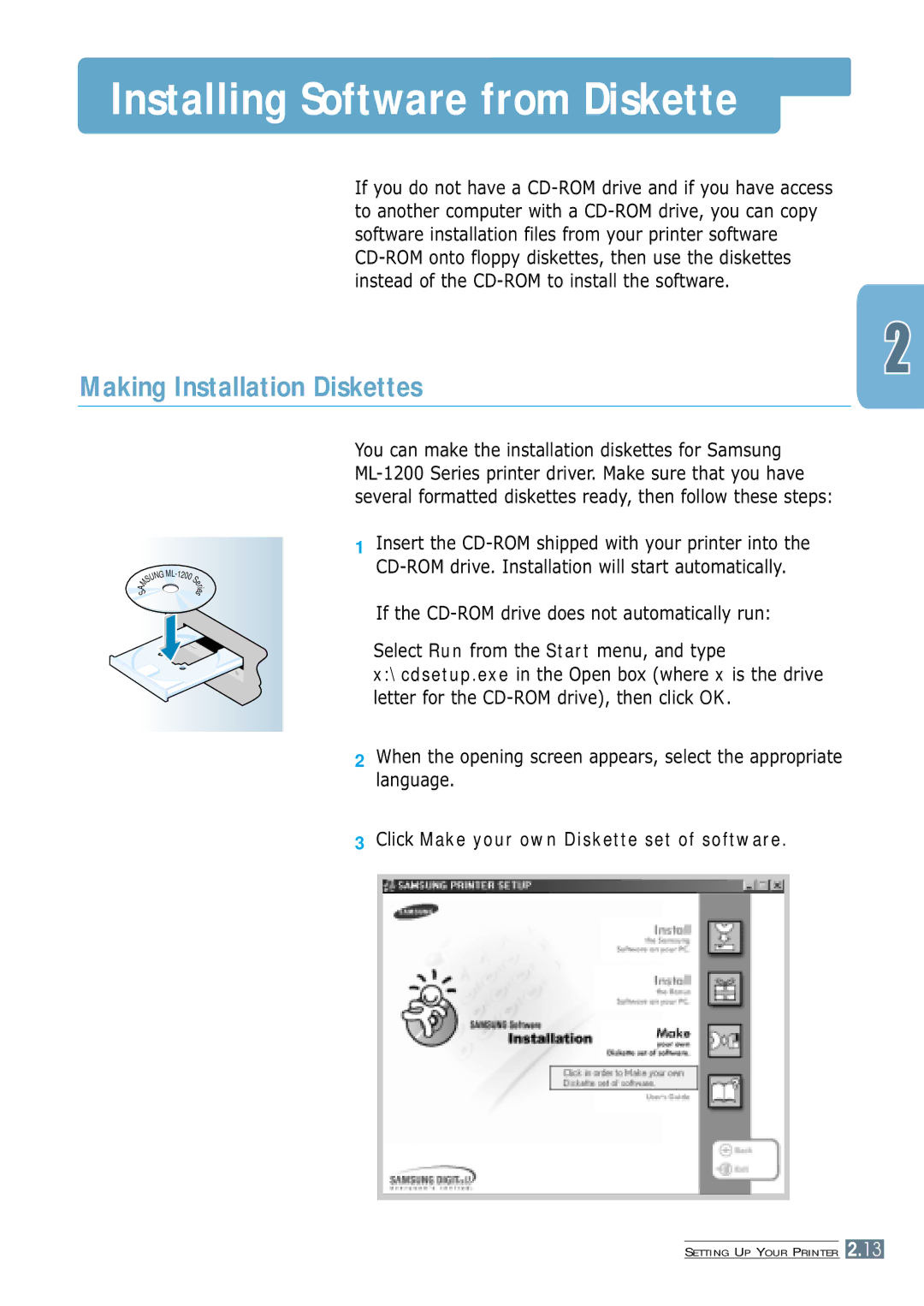 Samsung ML-1200 Series manual Installing Software from Diskette, Making Installation Diskettes 