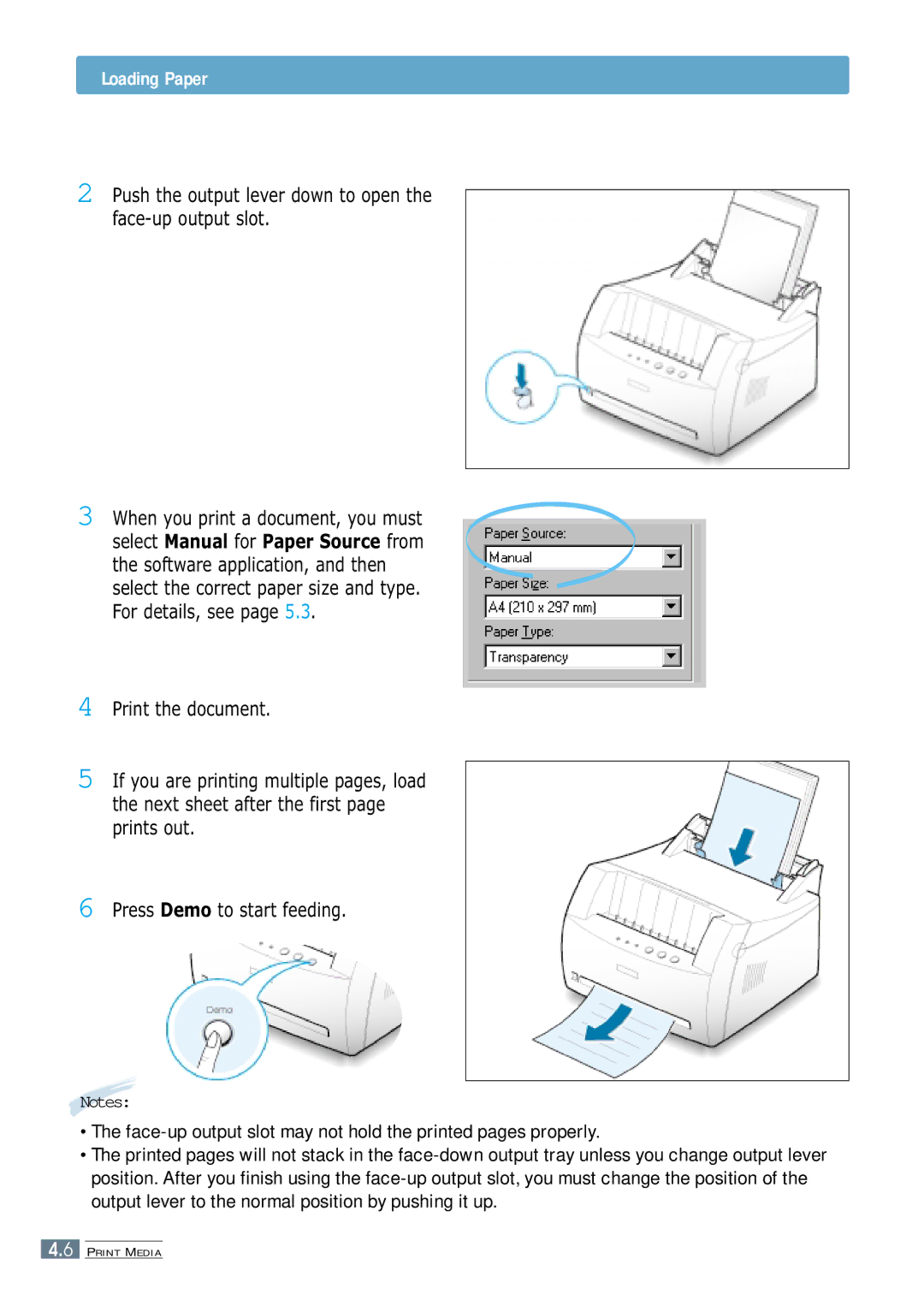 Samsung ML-1200 Series manual Loading Paper, Push the output lever down to open the face-up output slot 