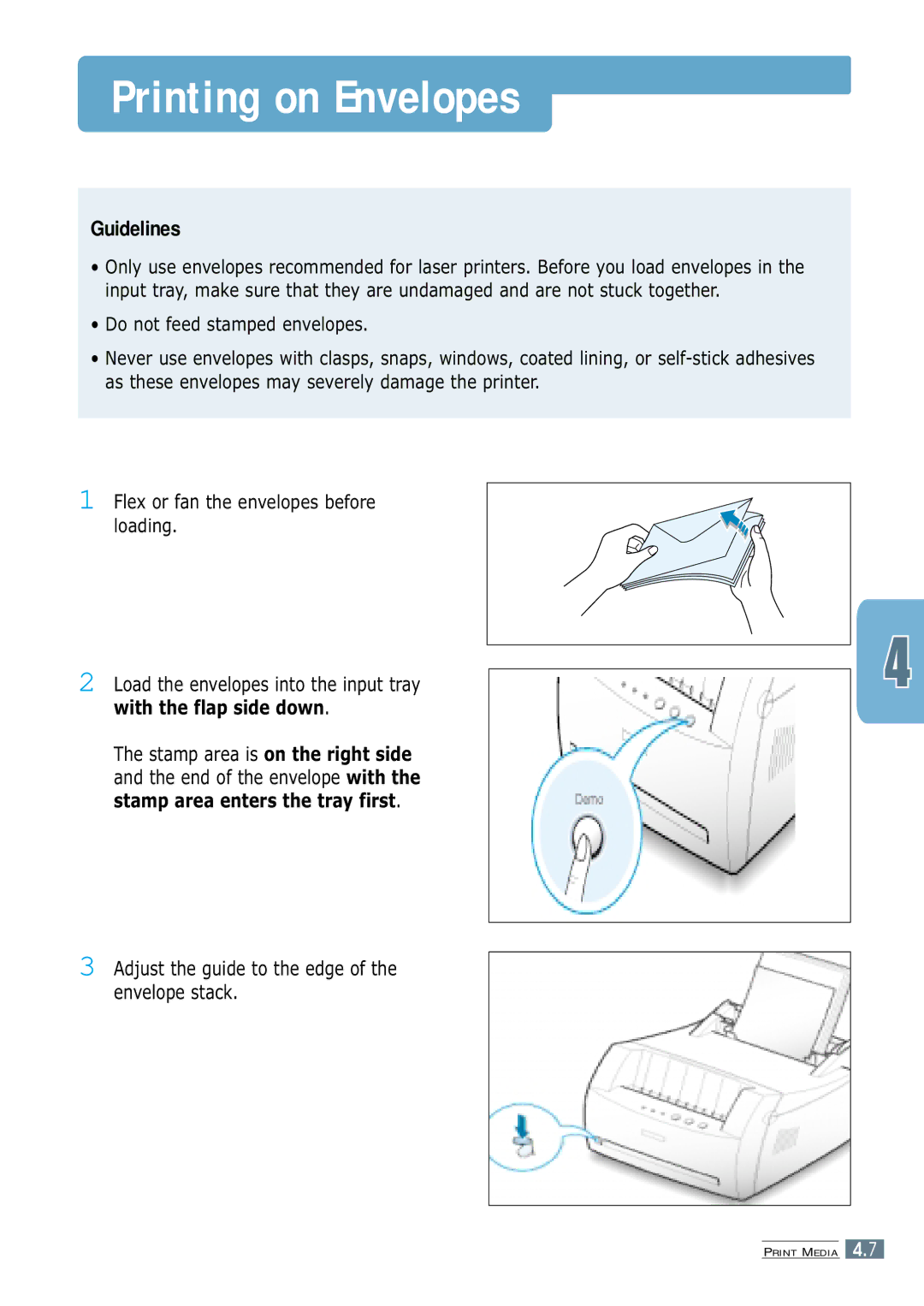 Samsung ML-1200 Series manual Printing on Envelopes, Adjust the guide to the edge of the envelope stack 