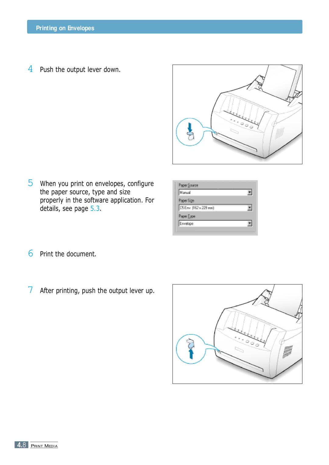 Samsung ML-1200 Series manual Printing on Envelopes, Push the output lever down 