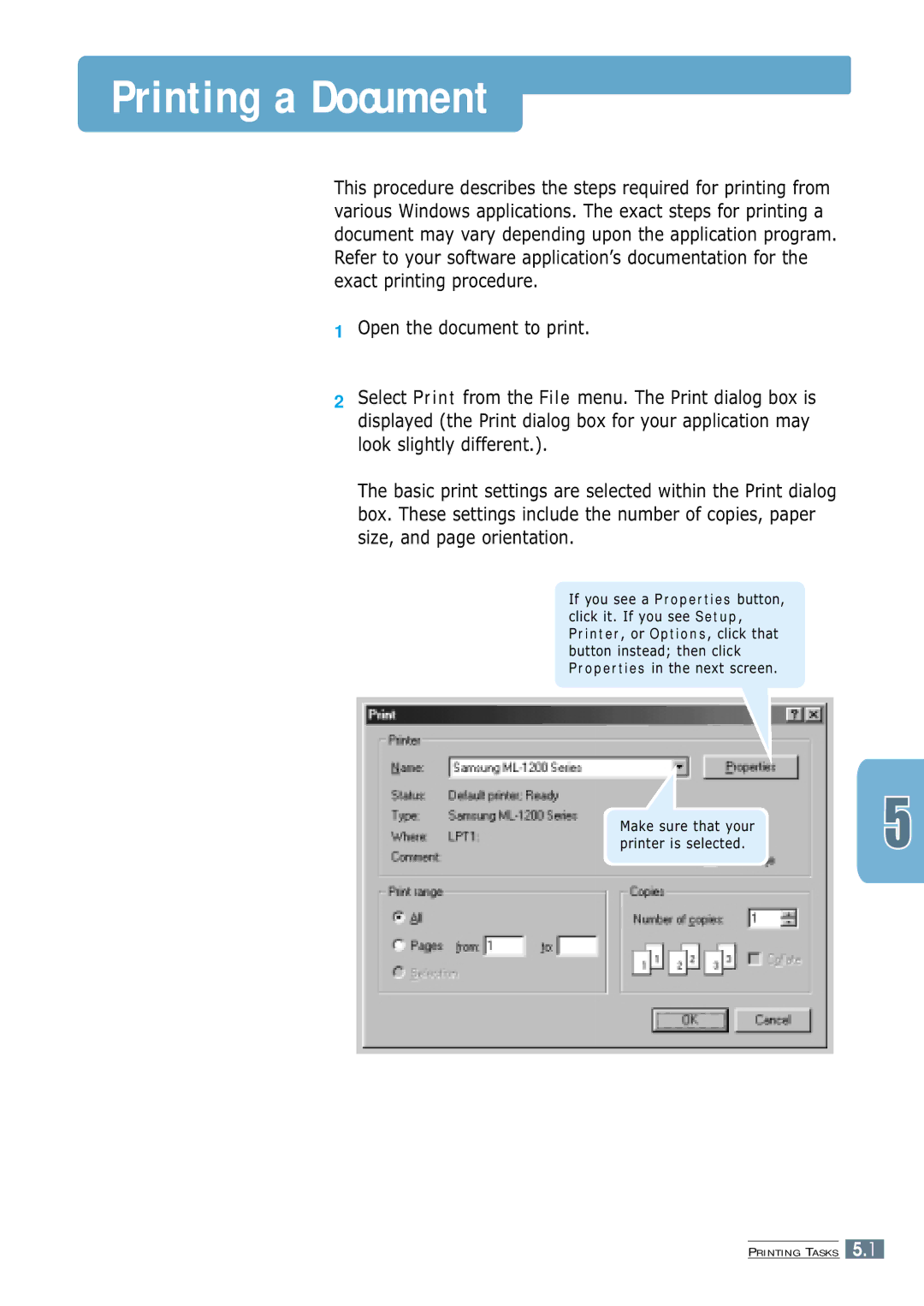 Samsung ML-1200 Series manual Printing a Document 