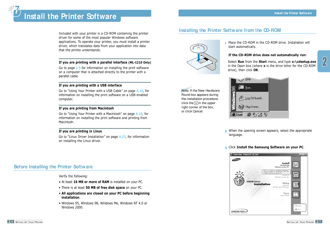 Samsung ML-1200 manual Install the Printer Software, Installing the Printer Software from the CD-ROM 