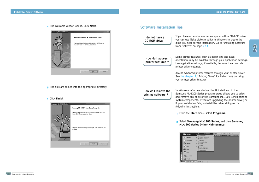 Samsung ML-1200 manual Software Installation Tips, Welcome window opens. Click Next, From the Start menu, select Programs 